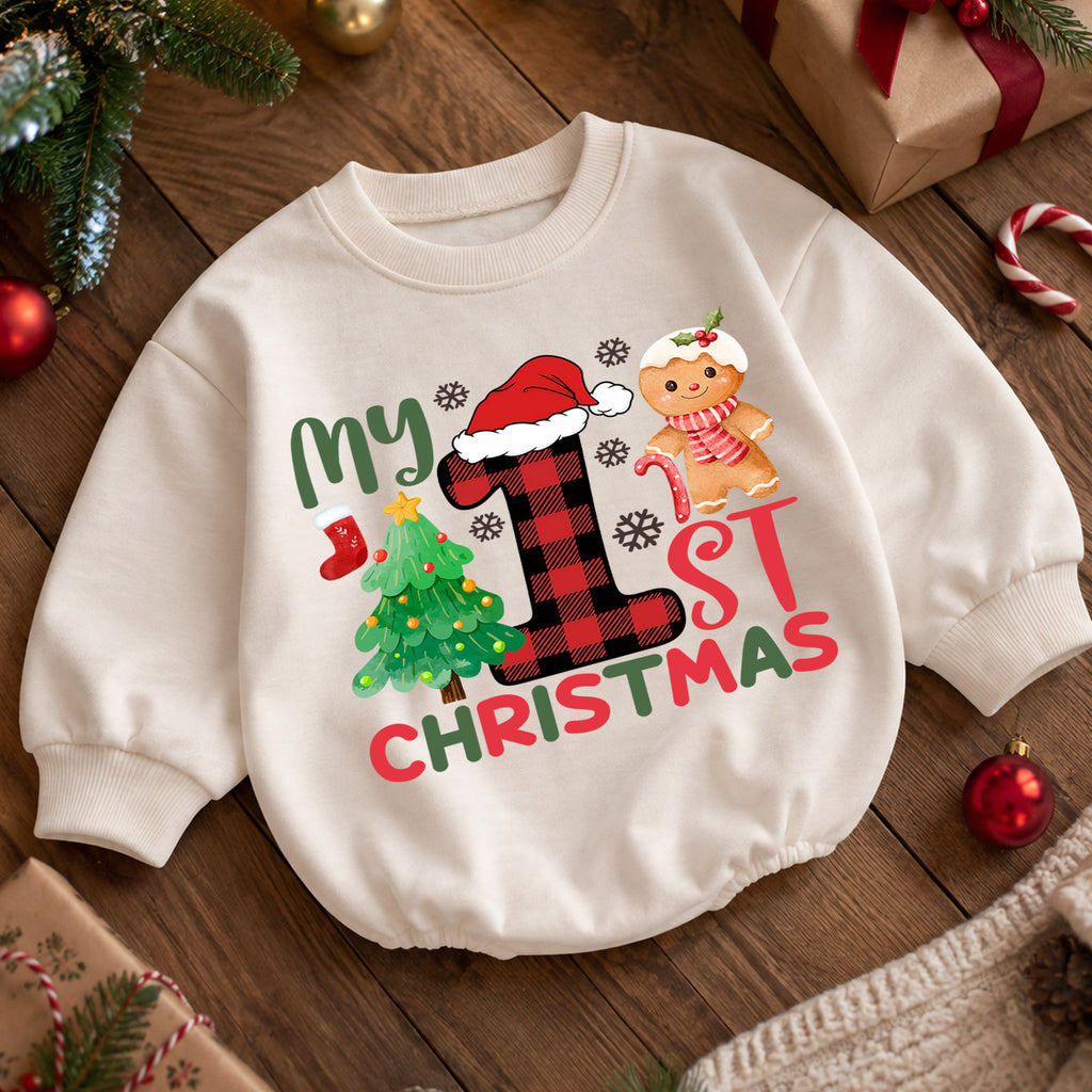 My 1st Christmas Baby Romper, First Christmas Gingerbread Tree Holiday Outfit, 1st Xmas Toddler Romper, Cute Gift — product view 5