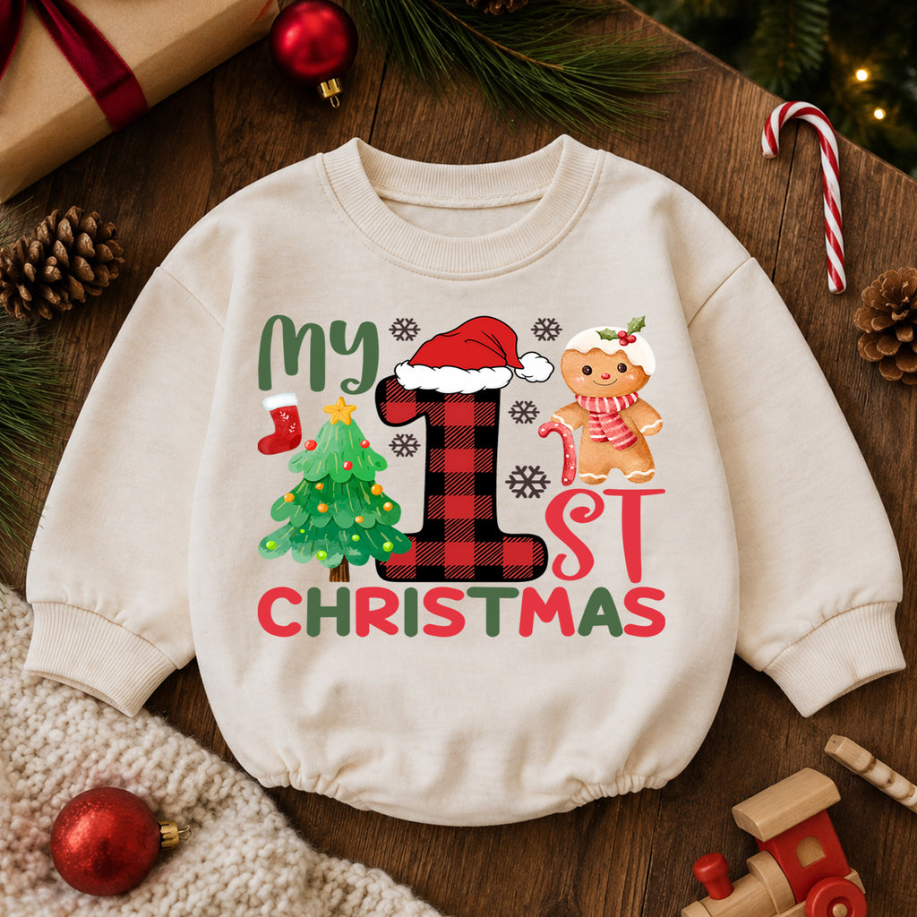 My 1st Christmas Baby Romper, First Christmas Gingerbread Tree Holiday Outfit, 1st Xmas Toddler Romper, Cute Gift — product view 6