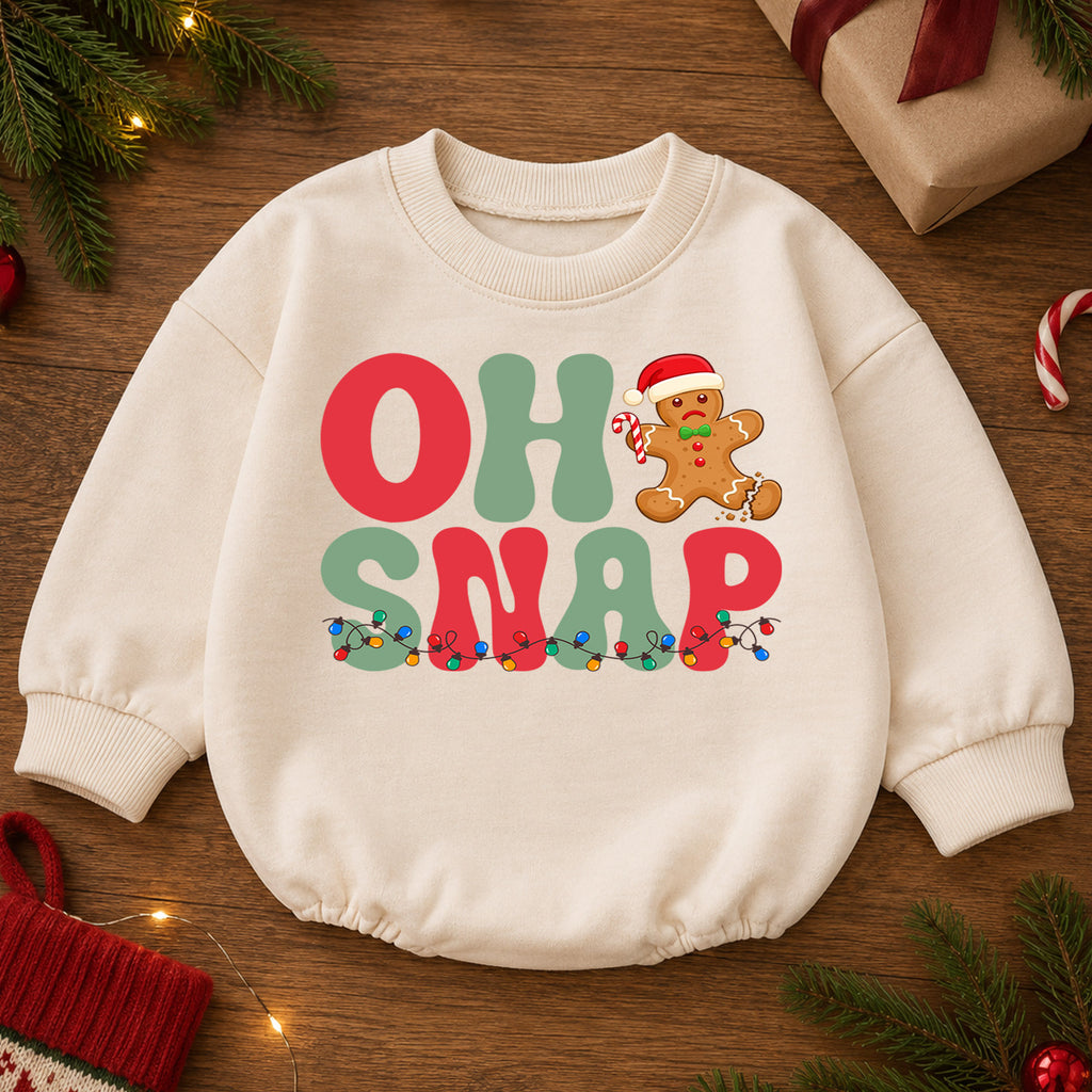 Oh Snap Gingerbread Christmas Baby Romper, Funny Broken Cookie Holiday Outfit, Retro Xmas Romper, Cute Gingerbread Gift for Baby — product view 2