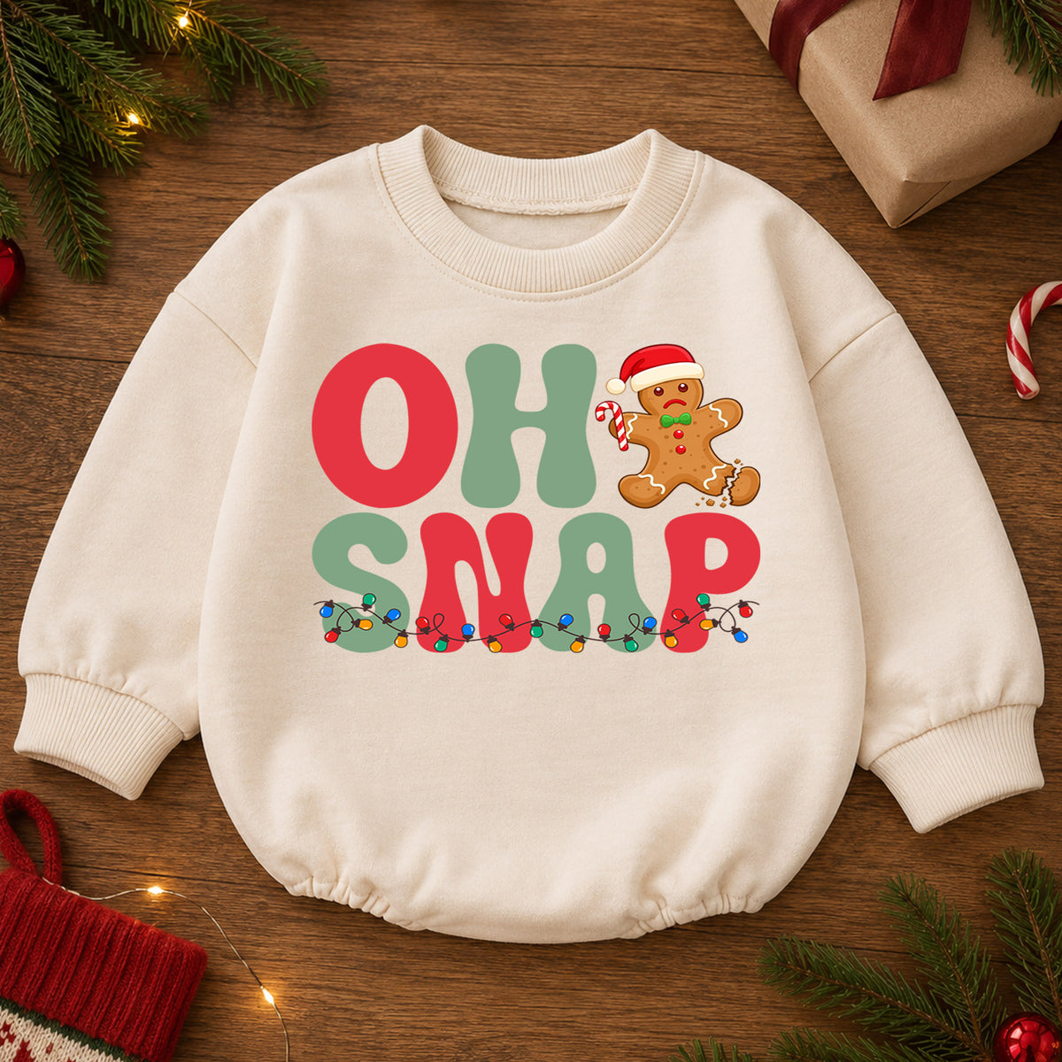 Oh Snap Gingerbread Christmas Baby Romper, Funny Broken Cookie Holiday Outfit, Retro Xmas Romper, Cute Gingerbread Gift for Baby — product view 2