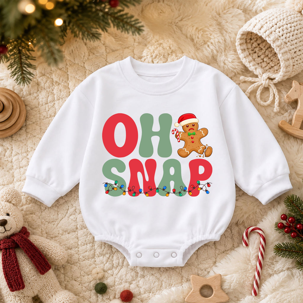 Oh Snap Gingerbread Christmas Baby Romper, Funny Broken Cookie Holiday Outfit, Retro Xmas Romper, Cute Gingerbread Gift for Baby — product view 3