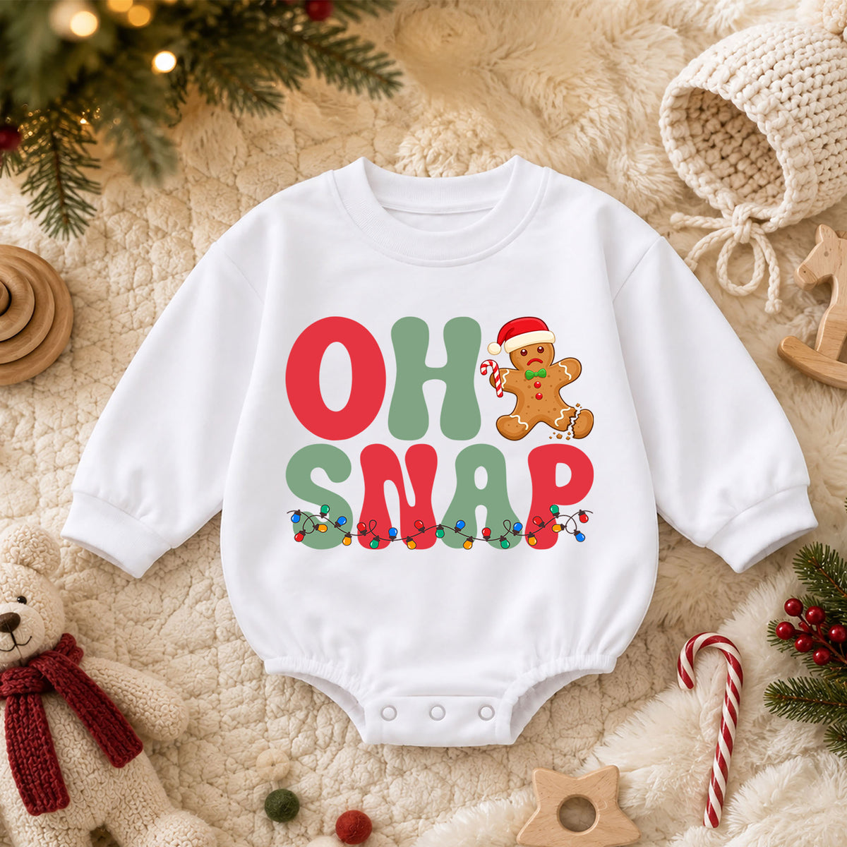 Oh Snap Gingerbread Christmas Baby Romper, Funny Broken Cookie Holiday Outfit, Retro Xmas Romper, Cute Gingerbread Gift for Baby — product view 3