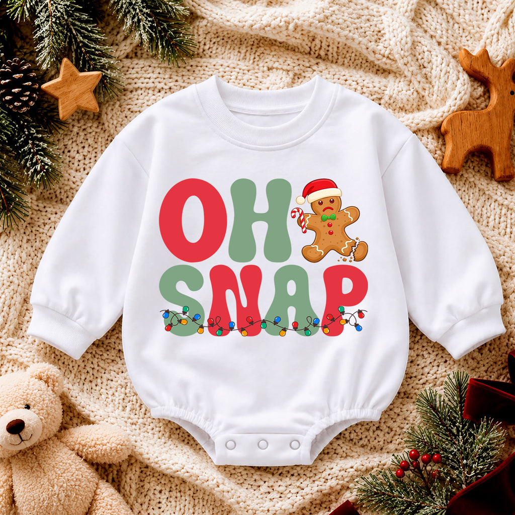 Oh Snap Gingerbread Christmas Baby Romper, Funny Broken Cookie Holiday Outfit, Retro Xmas Romper, Cute Gingerbread Gift for Baby — product view 4