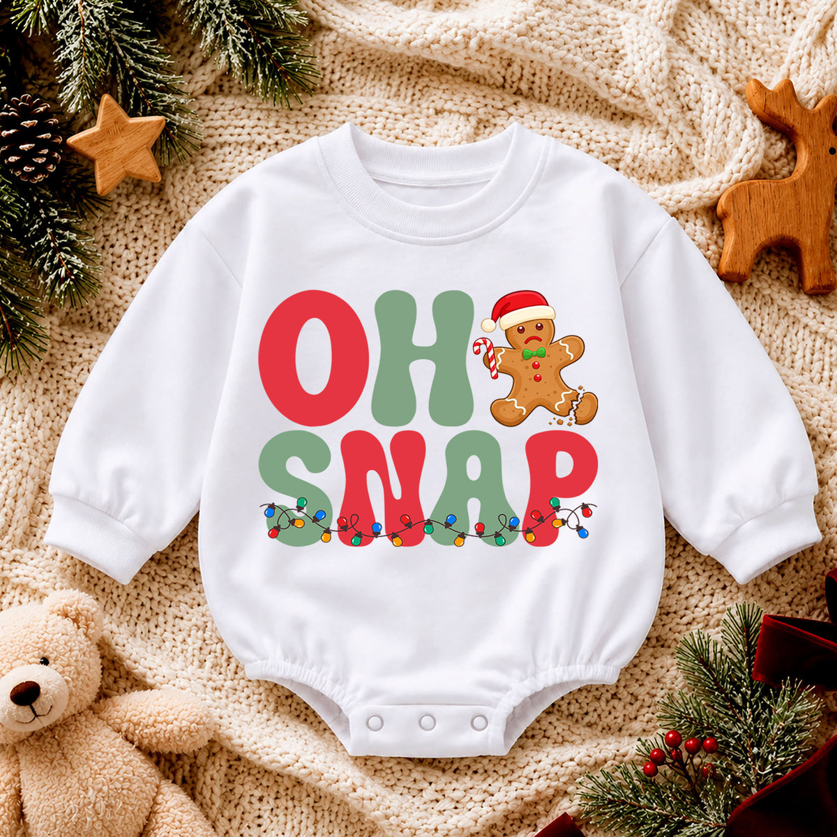 Oh Snap Gingerbread Christmas Baby Romper, Funny Broken Cookie Holiday Outfit, Retro Xmas Romper, Cute Gingerbread Gift for Baby — product view 4