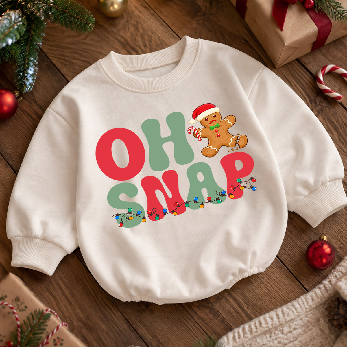 Oh Snap Gingerbread Christmas Baby Romper, Funny Broken Cookie Holiday Outfit, Retro Xmas Romper, Cute Gingerbread Gift for Baby — product view 5