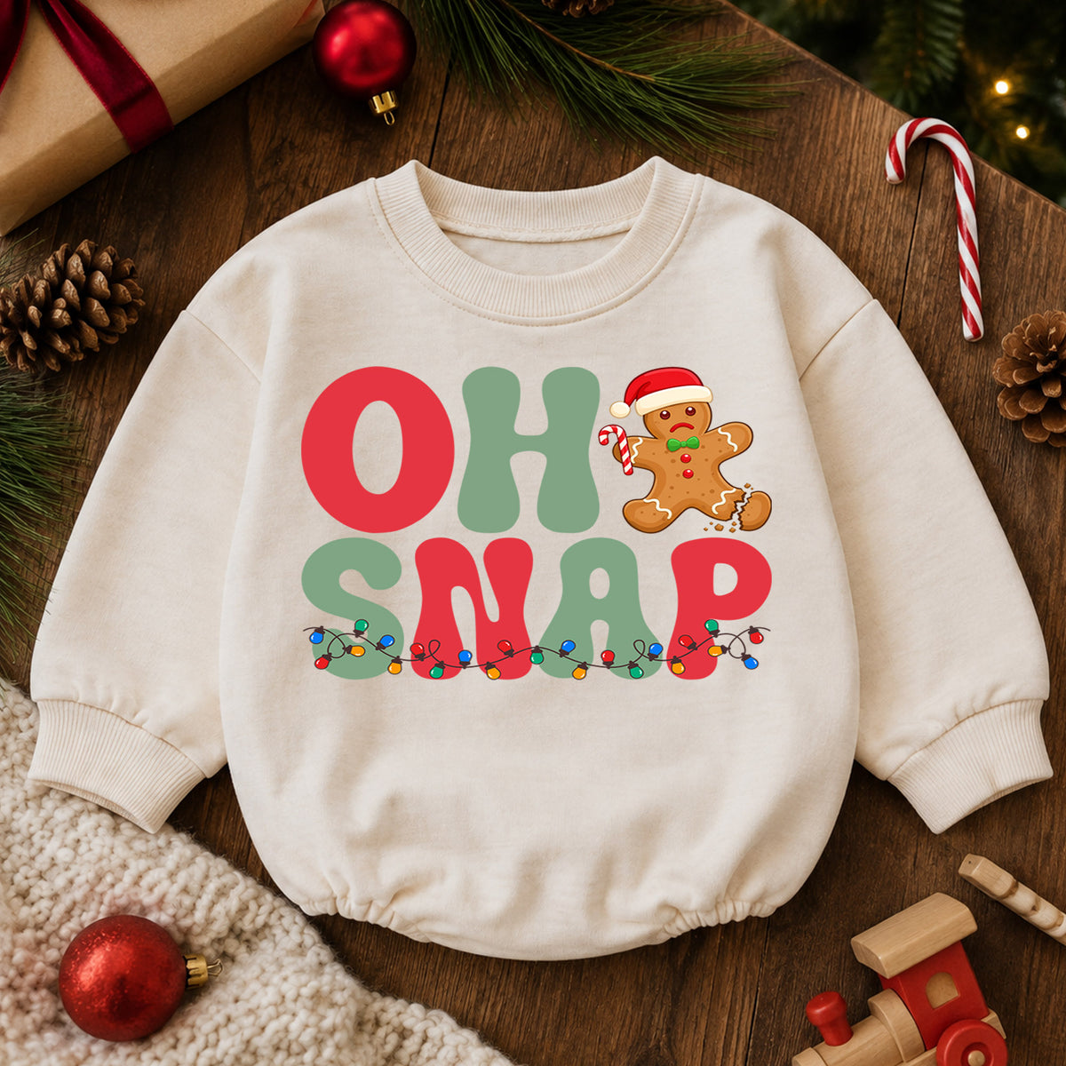 Oh Snap Gingerbread Christmas Baby Romper, Funny Broken Cookie Holiday Outfit, Retro Xmas Romper, Cute Gingerbread Gift for Baby — product view 6