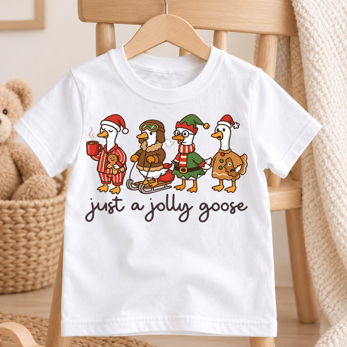 Just a Jolly Goose Kids Christmas Shirt, Funny Goose Holiday Tee, Cute Duck Christmas Outfit, Toddler Xmas Gift, Festive Animal Top — product view 4