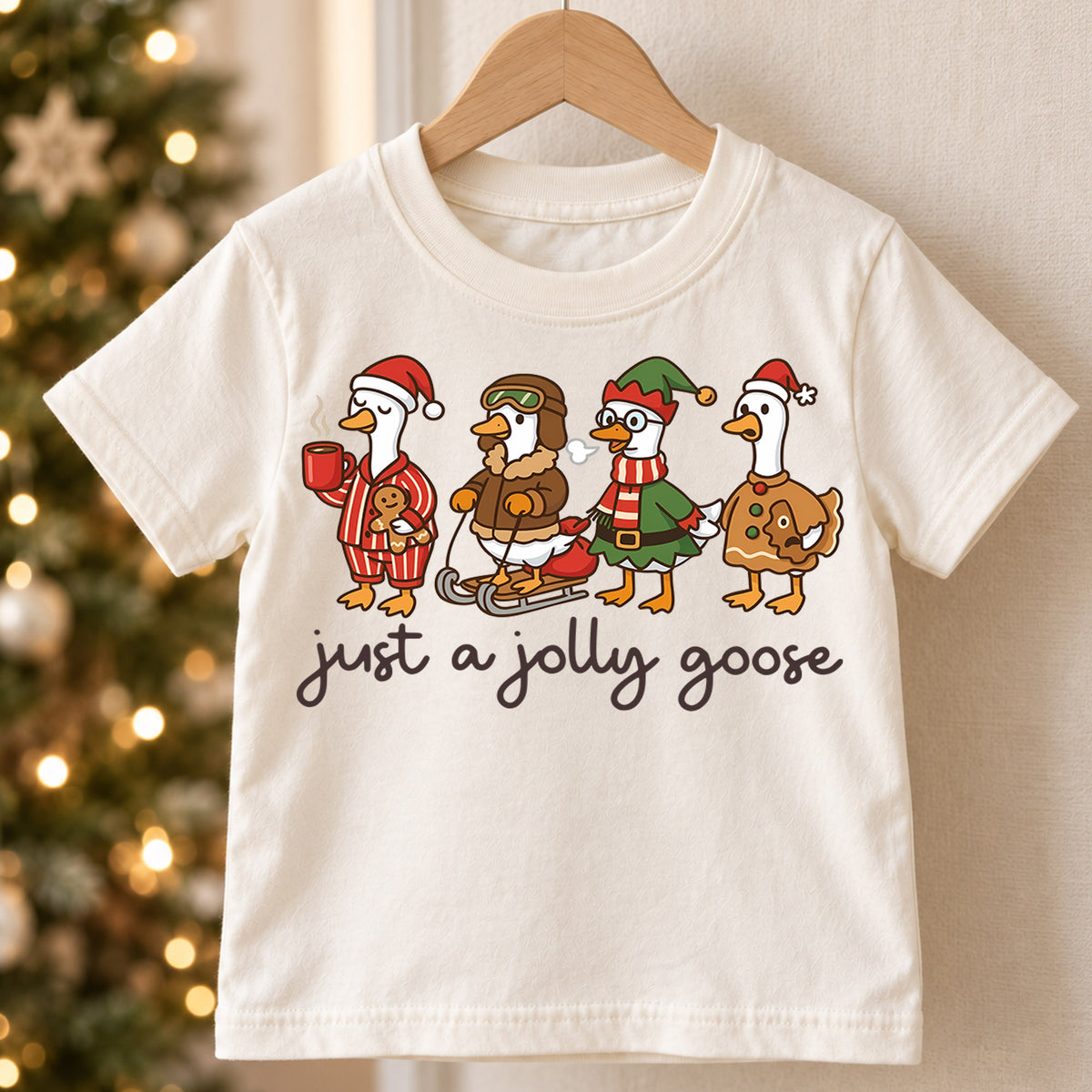 Just a Jolly Goose Kids Christmas Shirt, Funny Goose Holiday Tee, Cute Duck Christmas Outfit, Toddler Xmas Gift, Festive Animal Top — product view 5