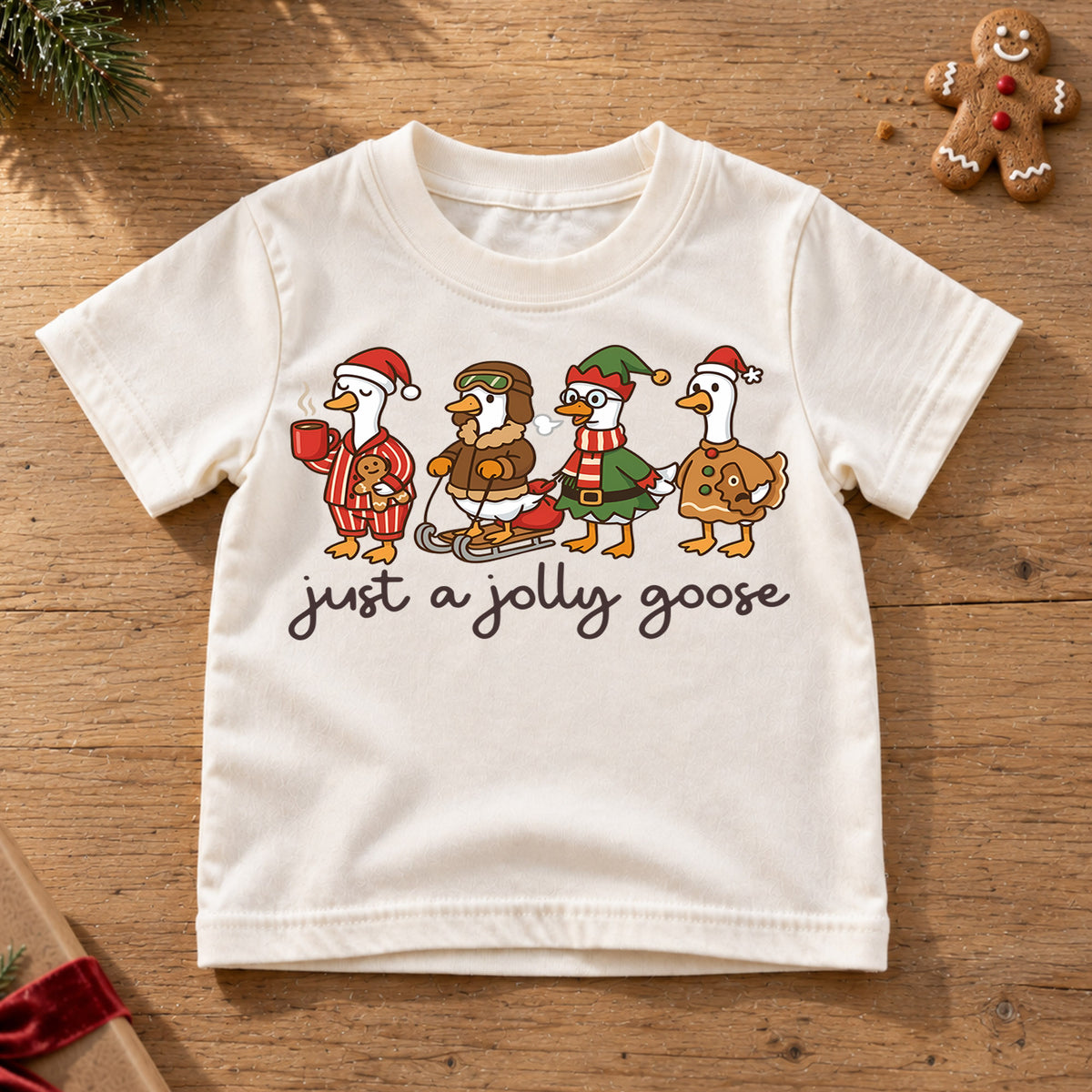 Just a Jolly Goose Kids Christmas Shirt, Funny Goose Holiday Tee, Cute Duck Christmas Outfit, Toddler Xmas Gift, Festive Animal Top — product view 6