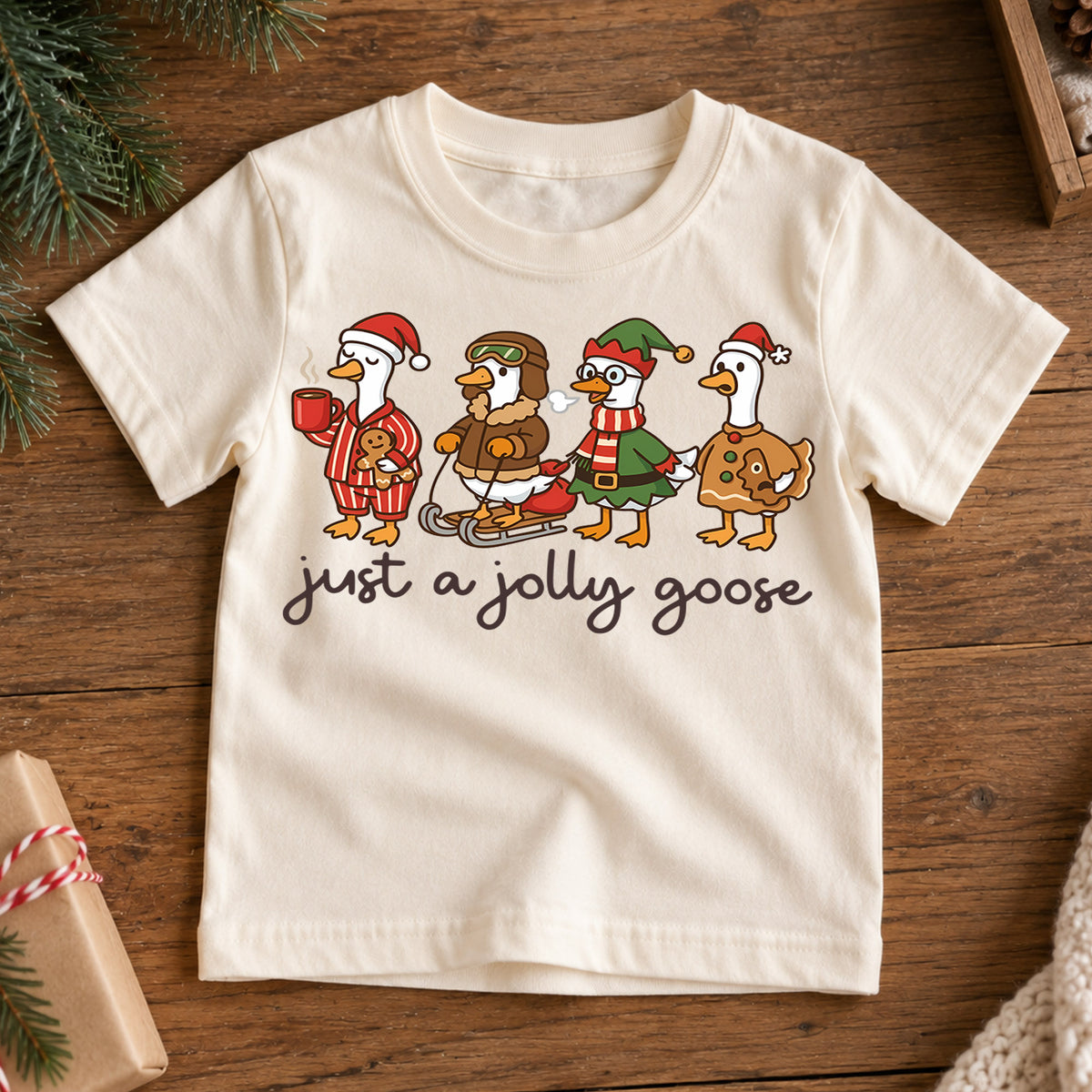 Just a Jolly Goose Kids Christmas Shirt, Funny Goose Holiday Tee, Cute Duck Christmas Outfit, Toddler Xmas Gift, Festive Animal Top — product view 7