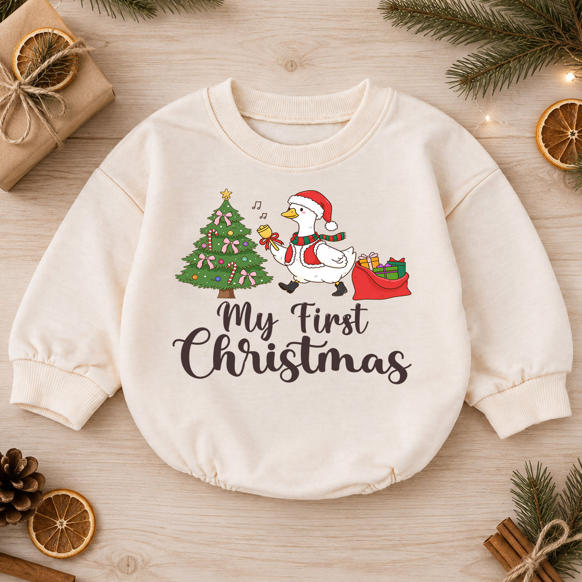 My First Christmas Baby Romper, Christmas Goose Toddler Romper, Baby First Holiday Outfit, Cute Baby Christmas Romper Gift — product view 1