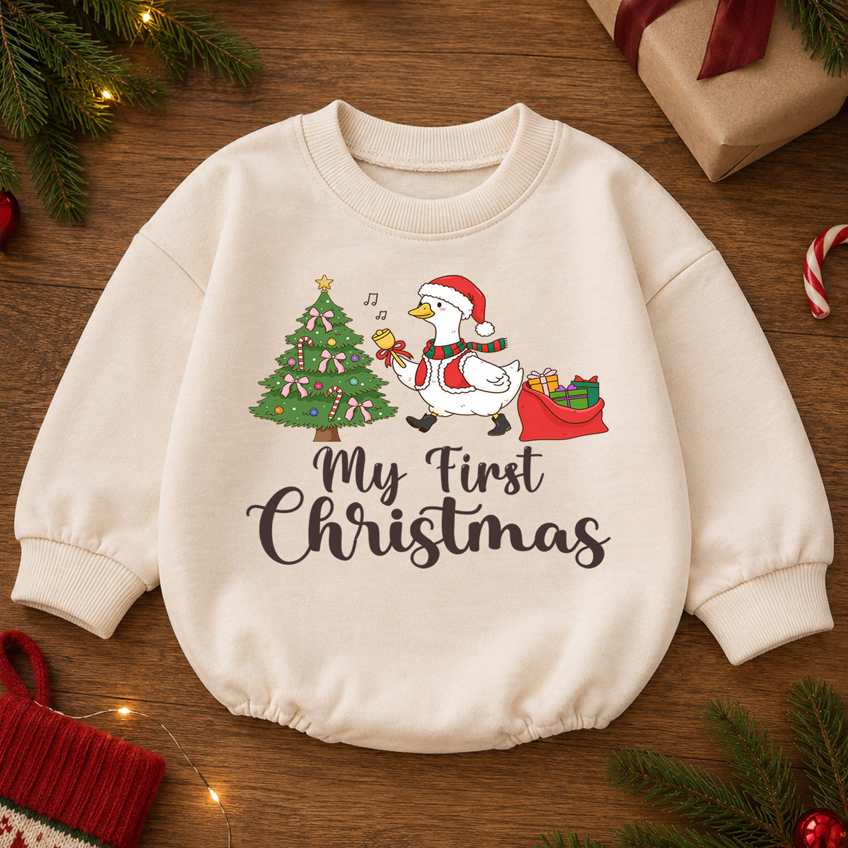 My First Christmas Baby Romper, Christmas Goose Toddler Romper, Baby First Holiday Outfit, Cute Baby Christmas Romper Gift — product view 2