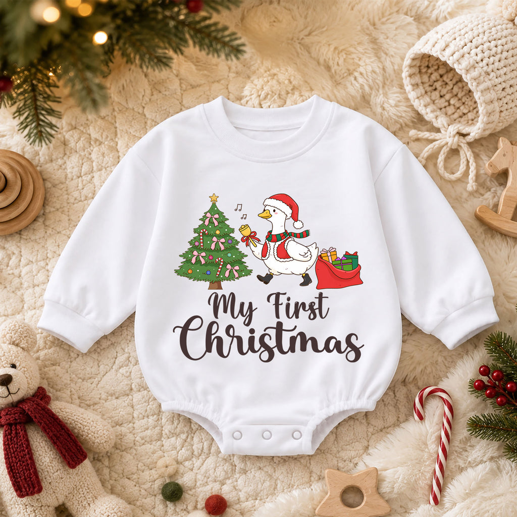 My First Christmas Baby Romper, Christmas Goose Toddler Romper, Baby First Holiday Outfit, Cute Baby Christmas Romper Gift — product view 3