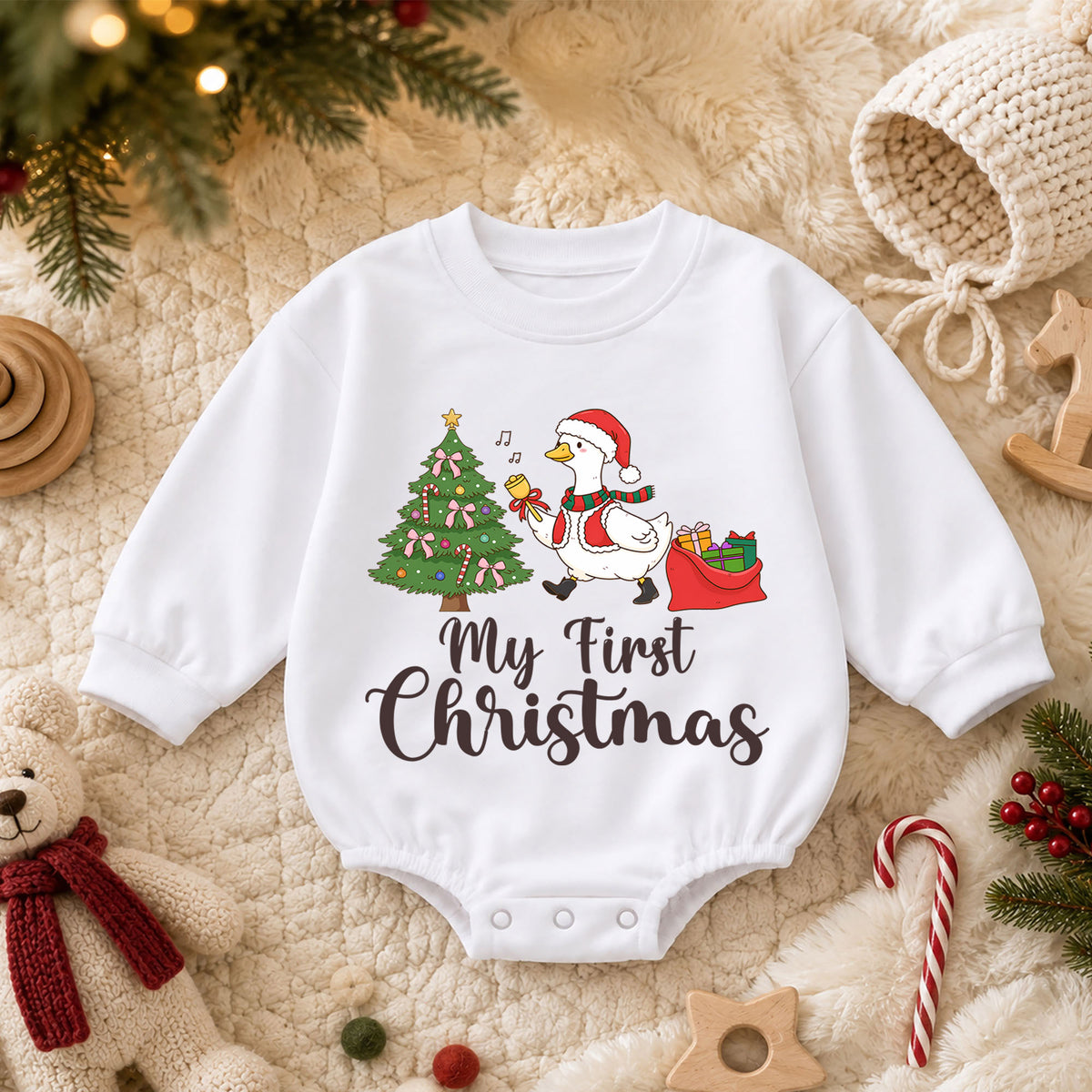 My First Christmas Baby Romper, Christmas Goose Toddler Romper, Baby First Holiday Outfit, Cute Baby Christmas Romper Gift — product view 3