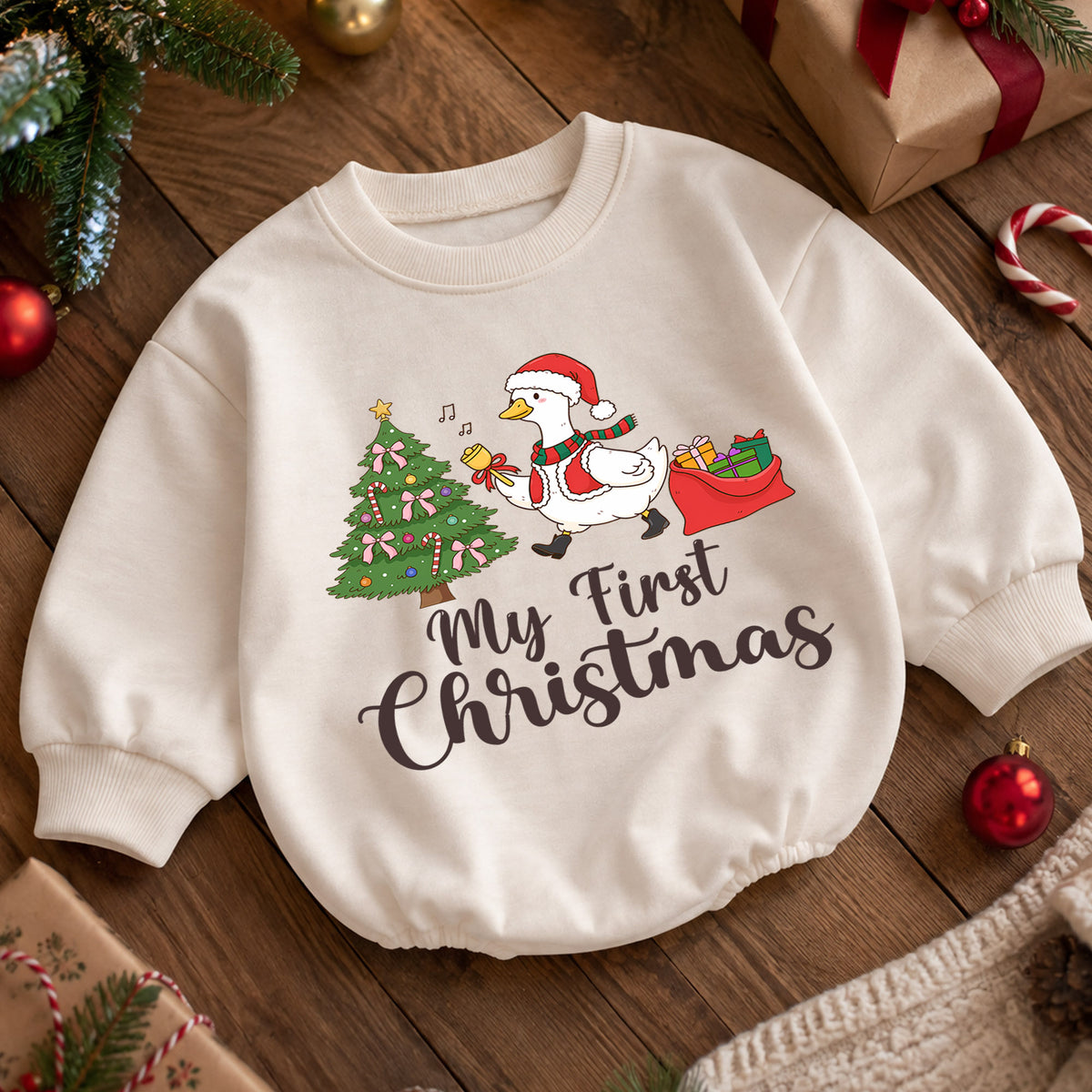 My First Christmas Baby Romper, Christmas Goose Toddler Romper, Baby First Holiday Outfit, Cute Baby Christmas Romper Gift — product view 5