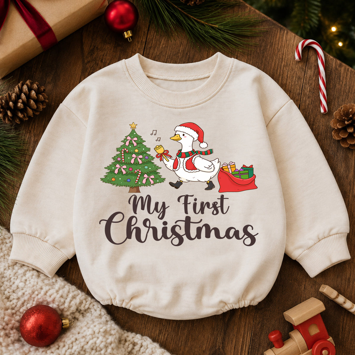 My First Christmas Baby Romper, Christmas Goose Toddler Romper, Baby First Holiday Outfit, Cute Baby Christmas Romper Gift — product view 6