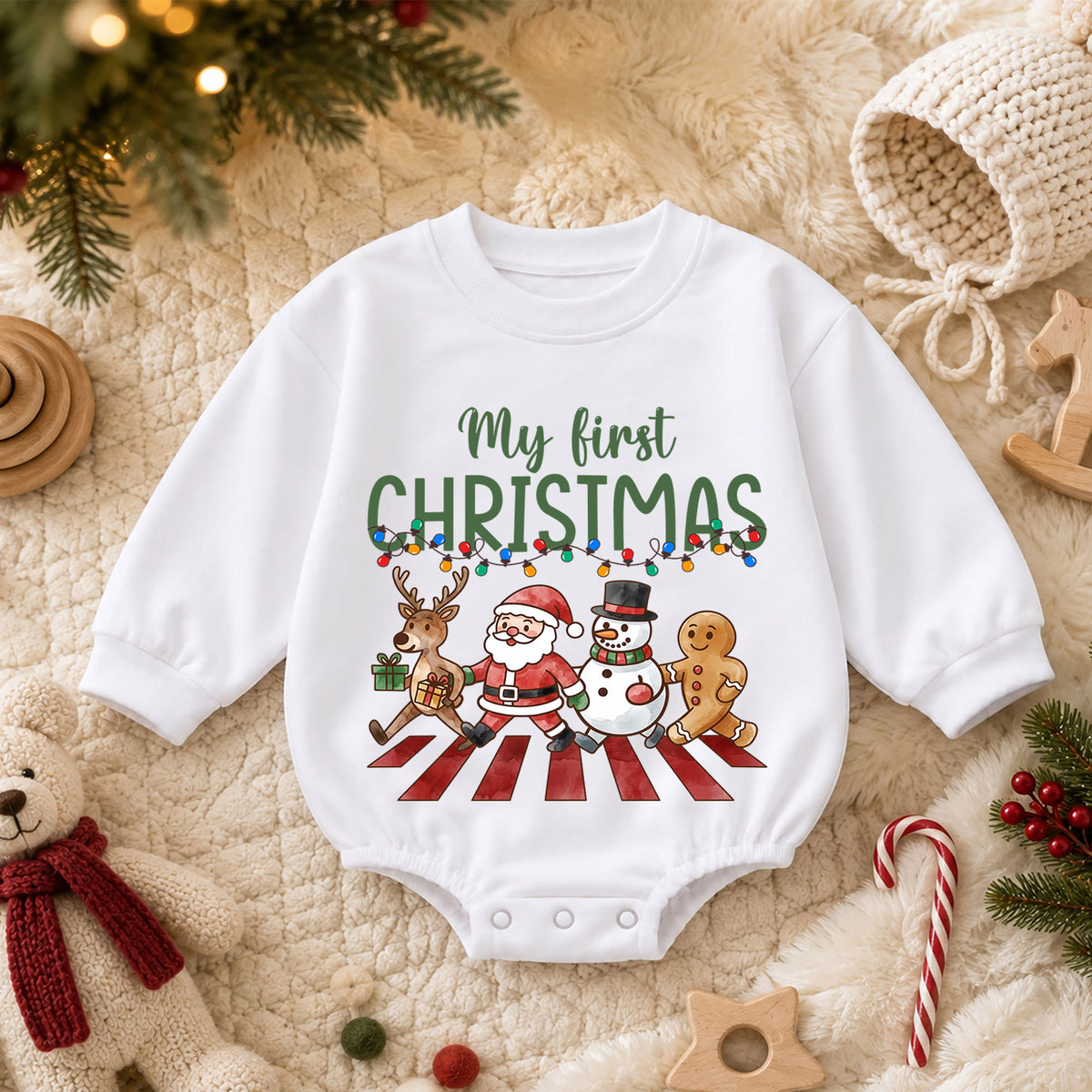 Baby First Christmas Romper, Santa Reindeer Snowman Holiday Outfit, Cute Christmas Romper, My First Christmas Baby Gift — product view 3