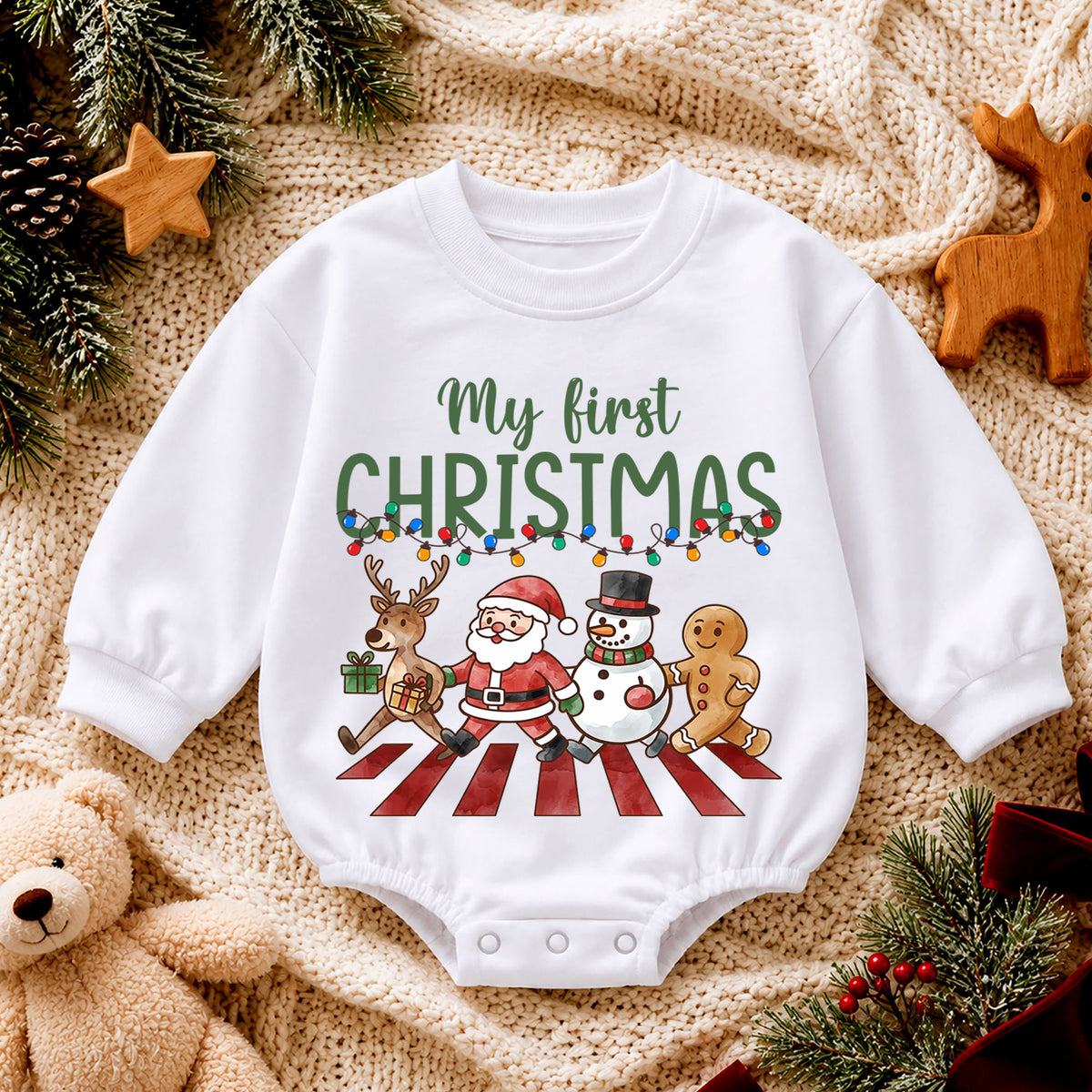 Baby First Christmas Romper, Santa Reindeer Snowman Holiday Outfit, Cute Christmas Romper, My First Christmas Baby Gift — product view 4