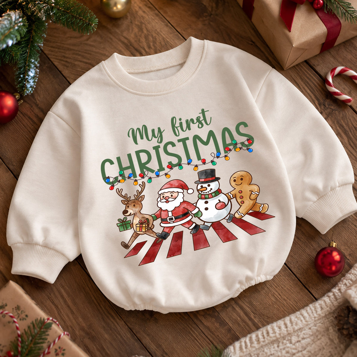 Baby First Christmas Romper, Santa Reindeer Snowman Holiday Outfit, Cute Christmas Romper, My First Christmas Baby Gift — product view 5