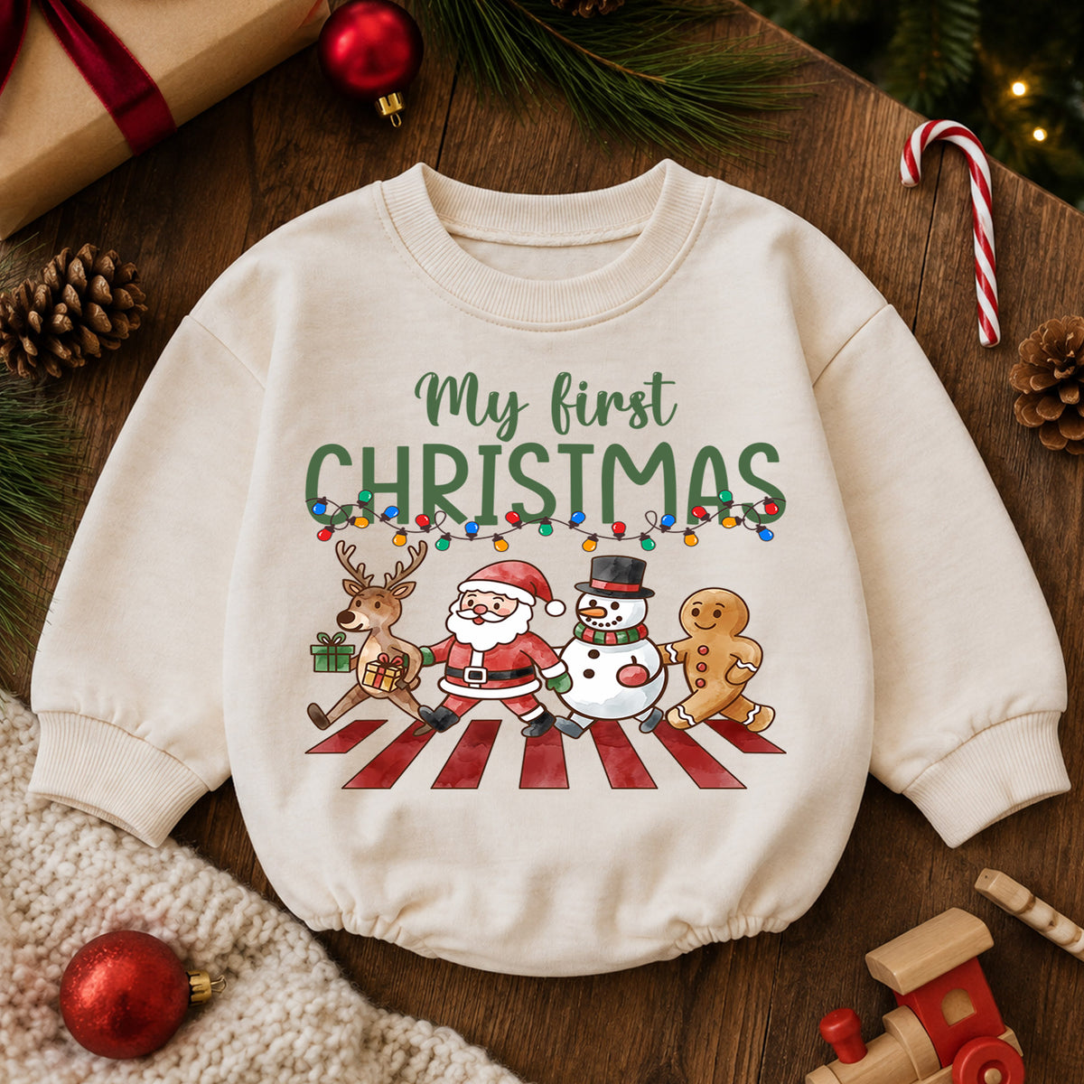 Baby First Christmas Romper, Santa Reindeer Snowman Holiday Outfit, Cute Christmas Romper, My First Christmas Baby Gift — product view 6