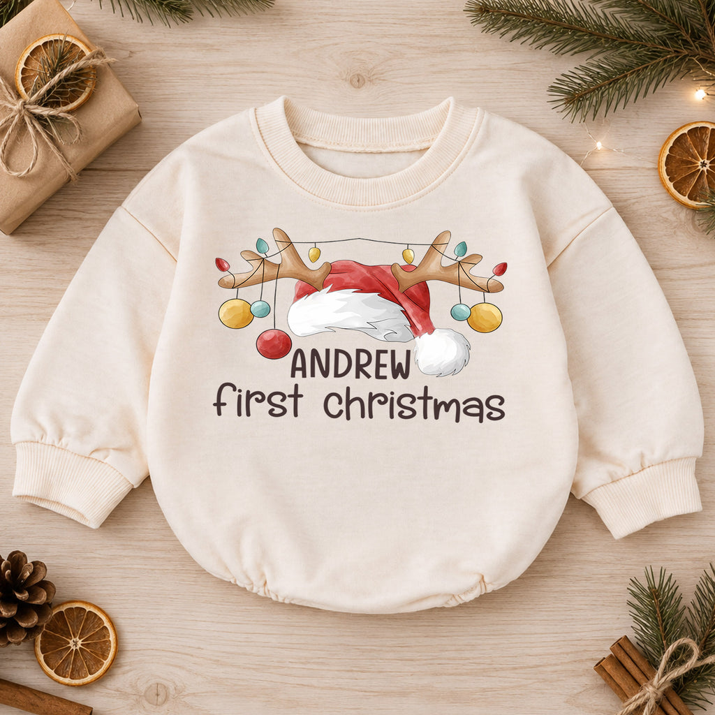 Personalized First Christmas Baby Romper, Custom Name Reindeer Antler Holiday Outfit, My 1st Christmas Keepsake Gift for Baby — product view 1