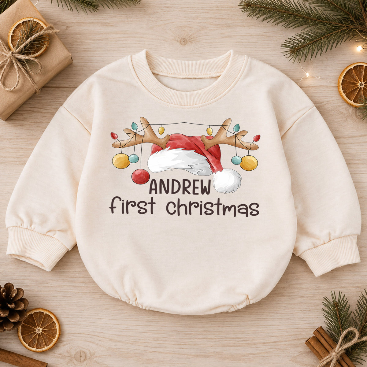 Personalized First Christmas Baby Romper, Custom Name Reindeer Antler Holiday Outfit, My 1st Christmas Keepsake Gift for Baby — product view 1