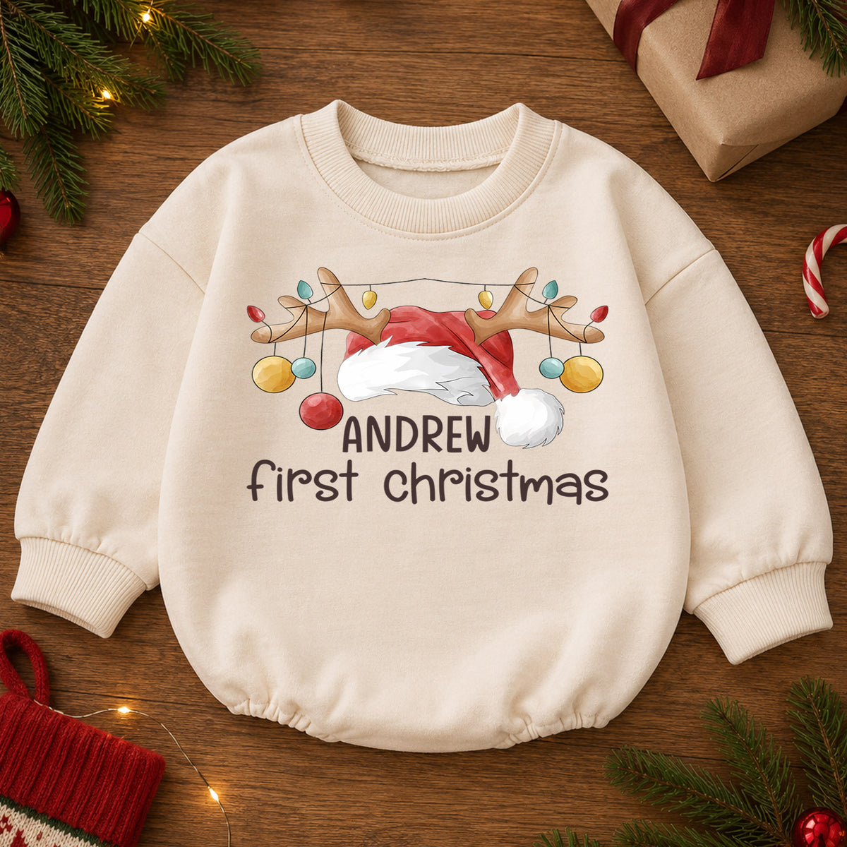 Personalized First Christmas Baby Romper, Custom Name Reindeer Antler Holiday Outfit, My 1st Christmas Keepsake Gift for Baby — product view 2
