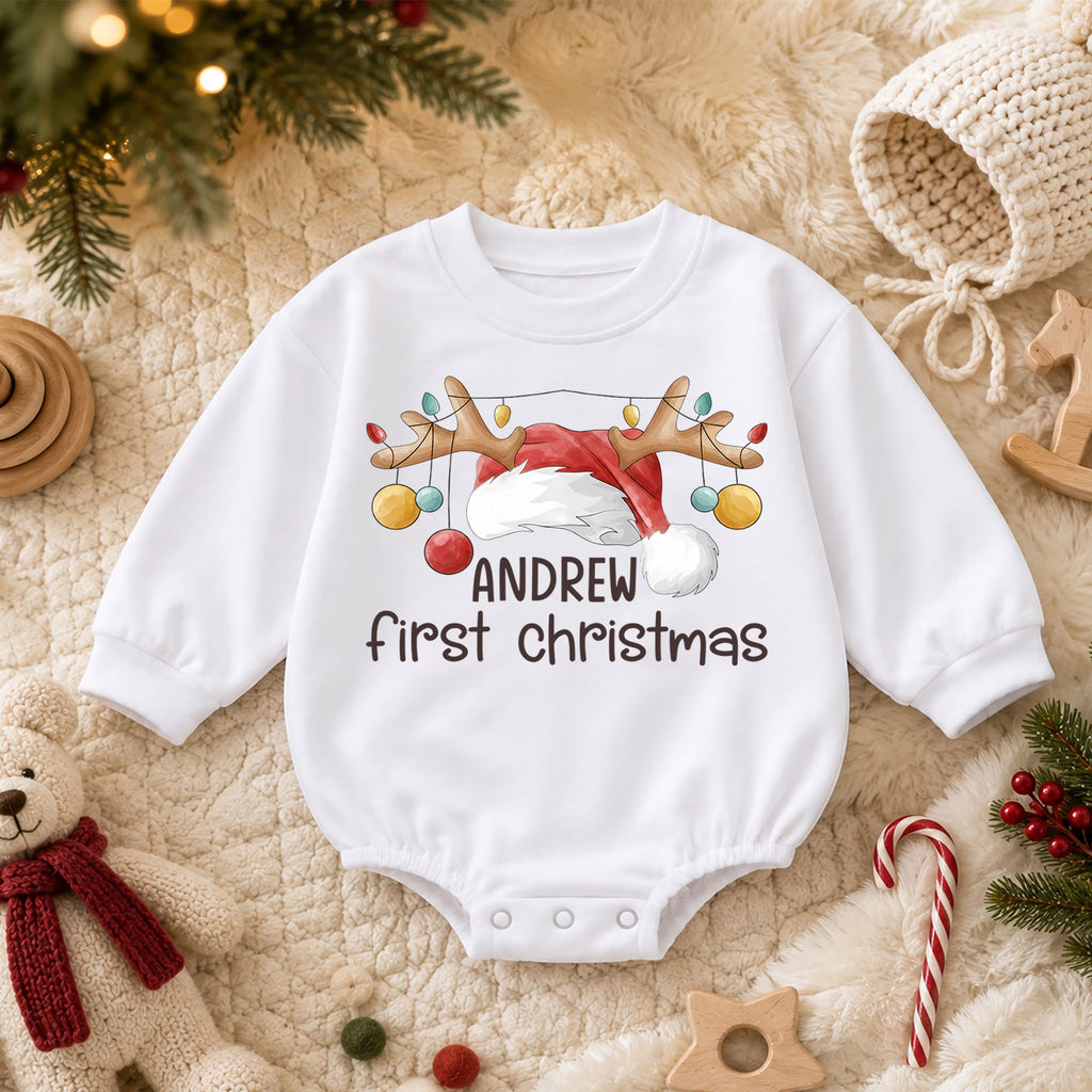 Personalized First Christmas Baby Romper, Custom Name Reindeer Antler Holiday Outfit, My 1st Christmas Keepsake Gift for Baby — product view 3
