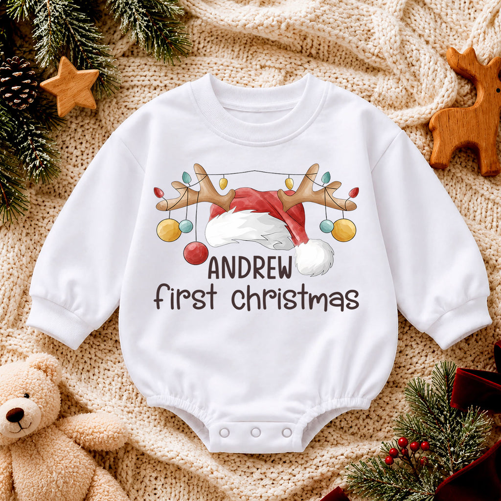 Personalized First Christmas Baby Romper, Custom Name Reindeer Antler Holiday Outfit, My 1st Christmas Keepsake Gift for Baby — product view 4