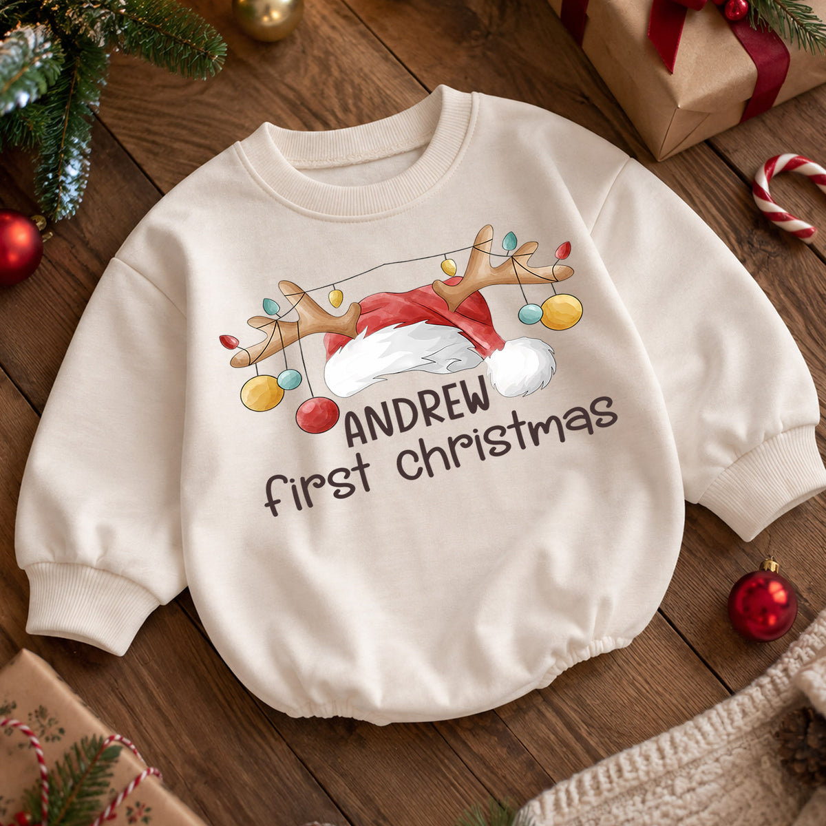 Personalized First Christmas Baby Romper, Custom Name Reindeer Antler Holiday Outfit, My 1st Christmas Keepsake Gift for Baby — product view 5