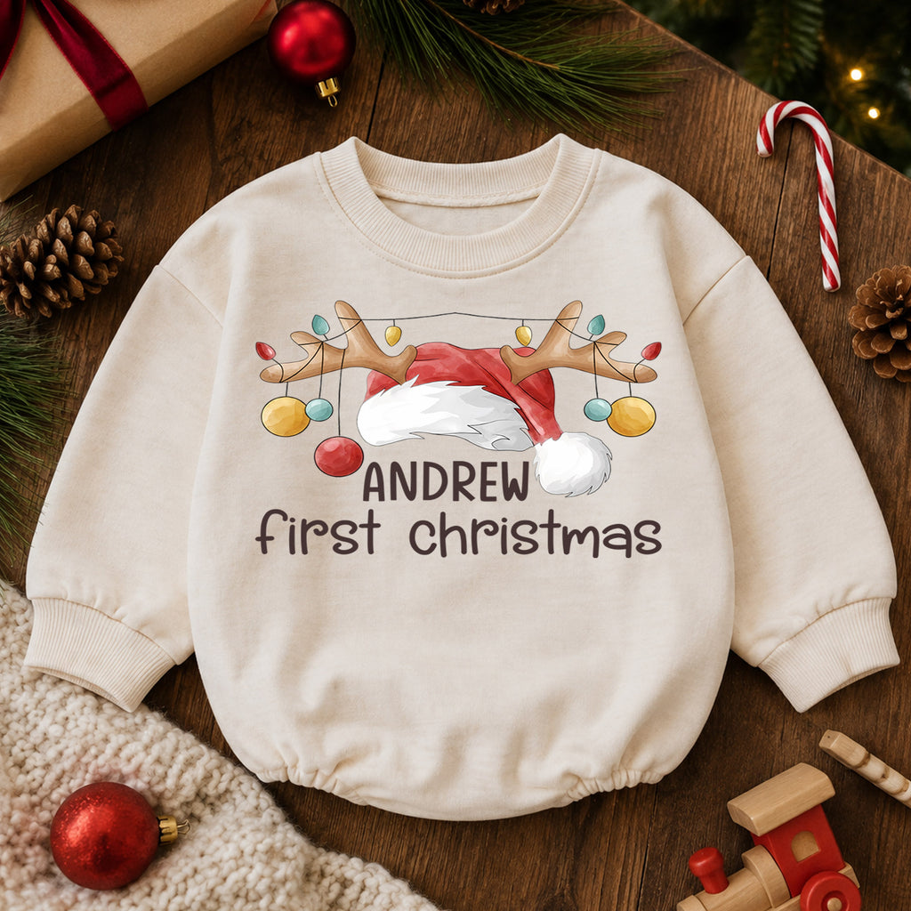 Personalized First Christmas Baby Romper, Custom Name Reindeer Antler Holiday Outfit, My 1st Christmas Keepsake Gift for Baby — product view 6