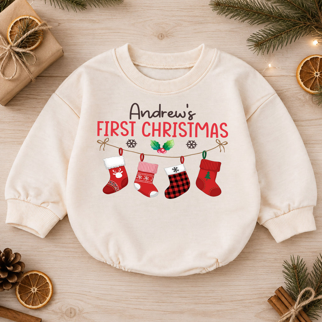 Custom Name First Christmas Baby Romper, Personalized Stocking Holiday Outfit, My 1st Christmas Keepsake Gift for Baby Boys — product view 1