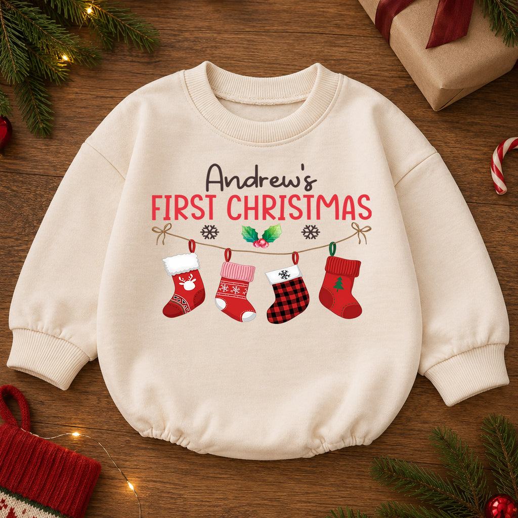 Custom Name First Christmas Baby Romper, Personalized Stocking Holiday Outfit, My 1st Christmas Keepsake Gift for Baby Boys — product view 2