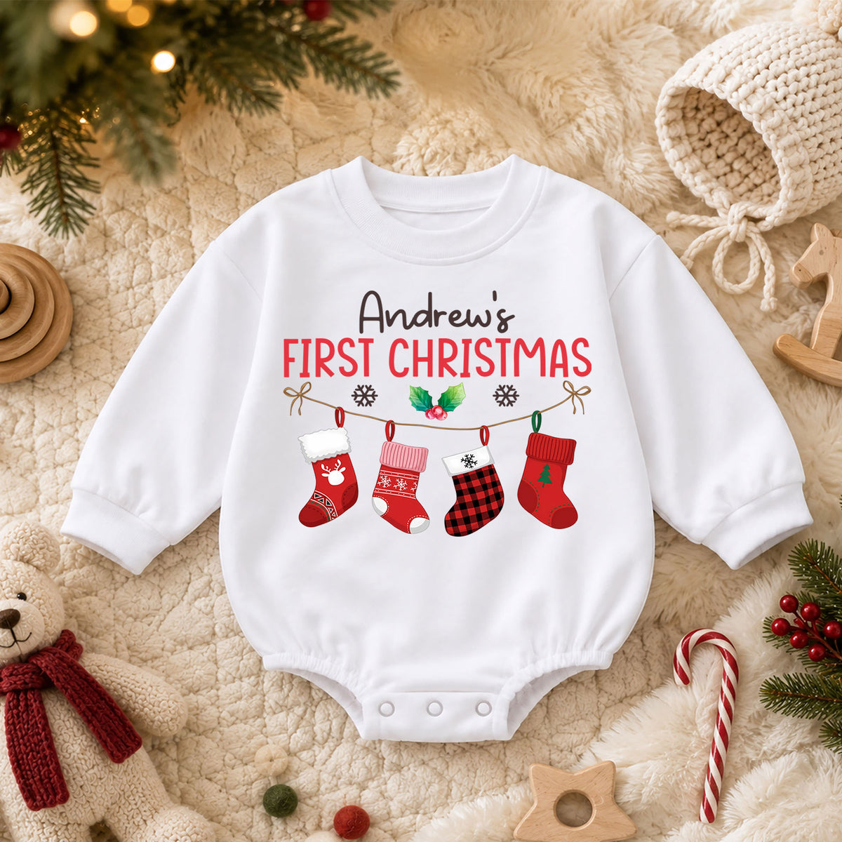Custom Name First Christmas Baby Romper, Personalized Stocking Holiday Outfit, My 1st Christmas Keepsake Gift for Baby Boys — product view 3