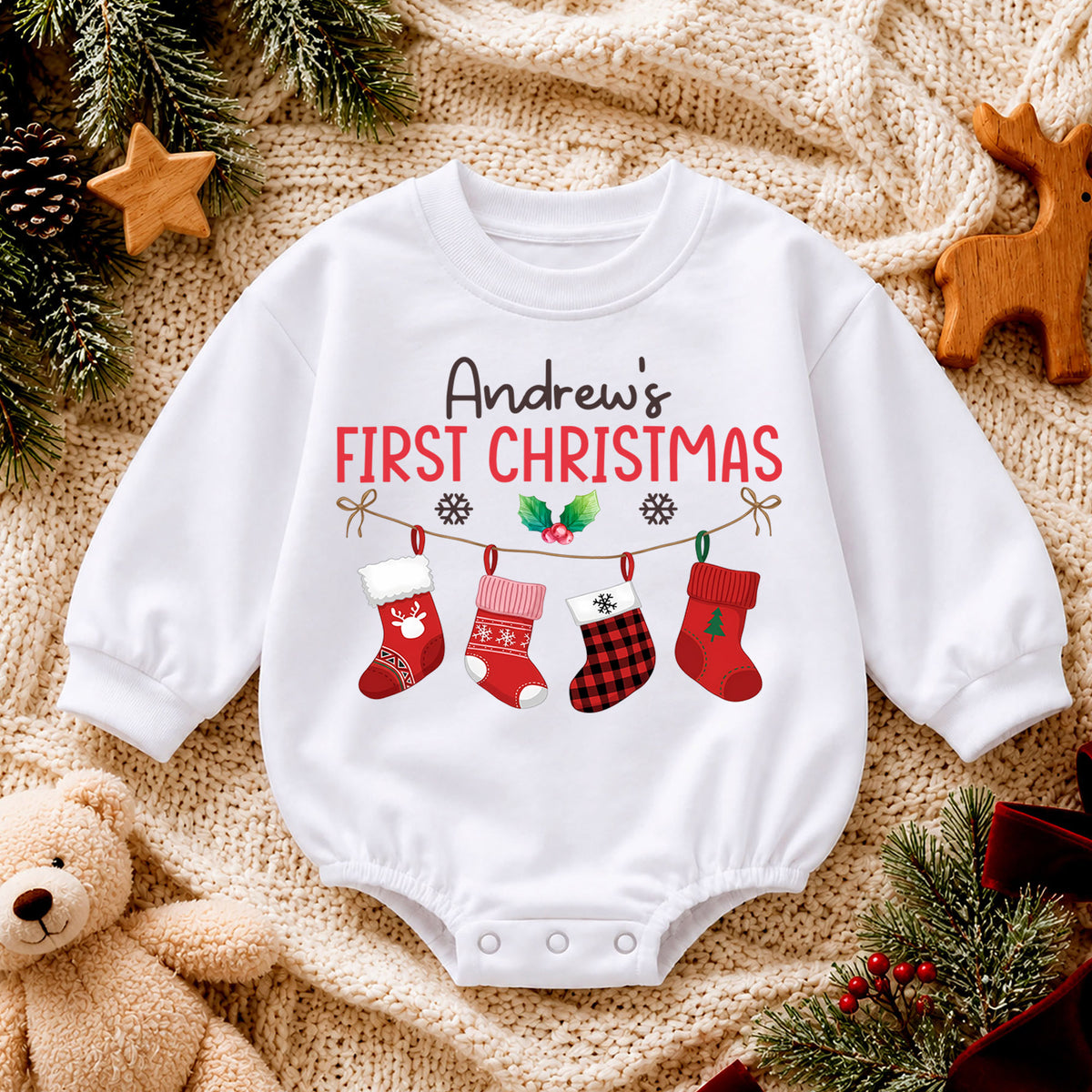 Custom Name First Christmas Baby Romper, Personalized Stocking Holiday Outfit, My 1st Christmas Keepsake Gift for Baby Boys — product view 4