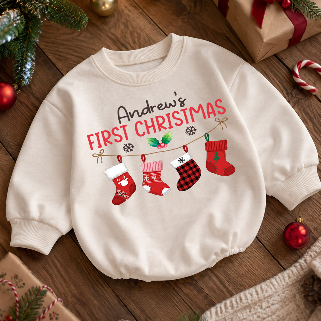 Custom Name First Christmas Baby Romper, Personalized Stocking Holiday Outfit, My 1st Christmas Keepsake Gift for Baby Boys — product view 5