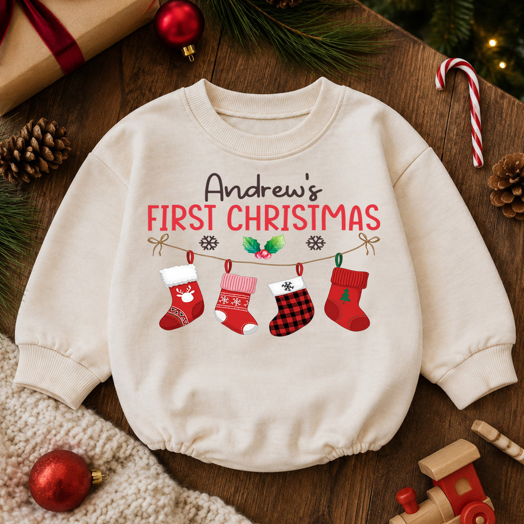 Custom Name First Christmas Baby Romper, Personalized Stocking Holiday Outfit, My 1st Christmas Keepsake Gift for Baby Boys — product view 6