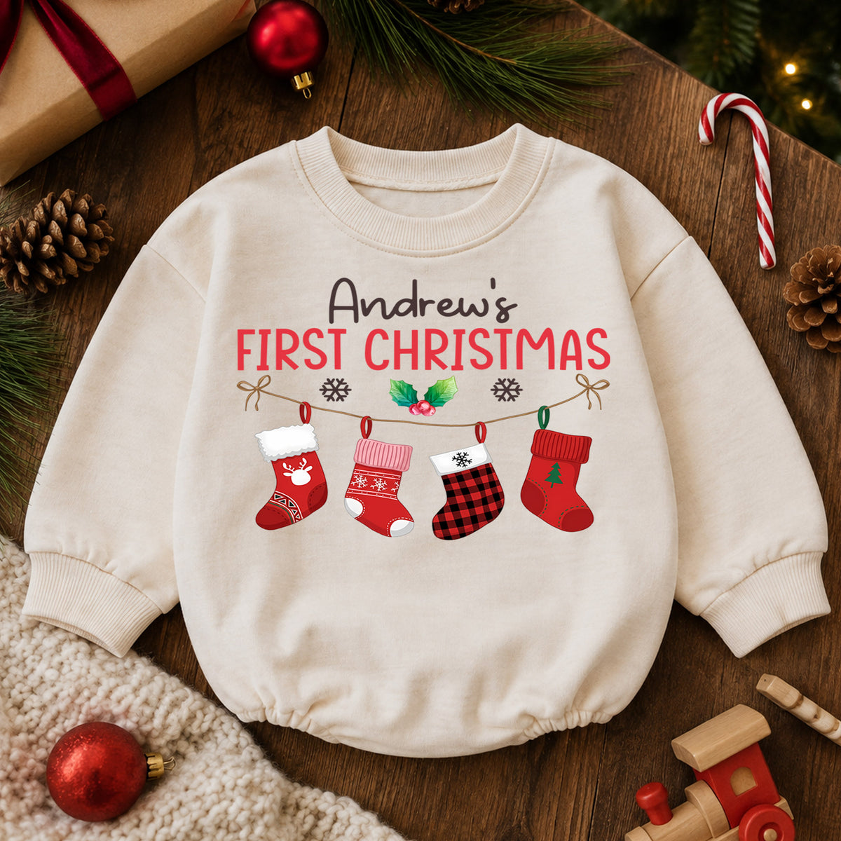Custom Name First Christmas Baby Romper, Personalized Stocking Holiday Outfit, My 1st Christmas Keepsake Gift for Baby Boys — product view 6