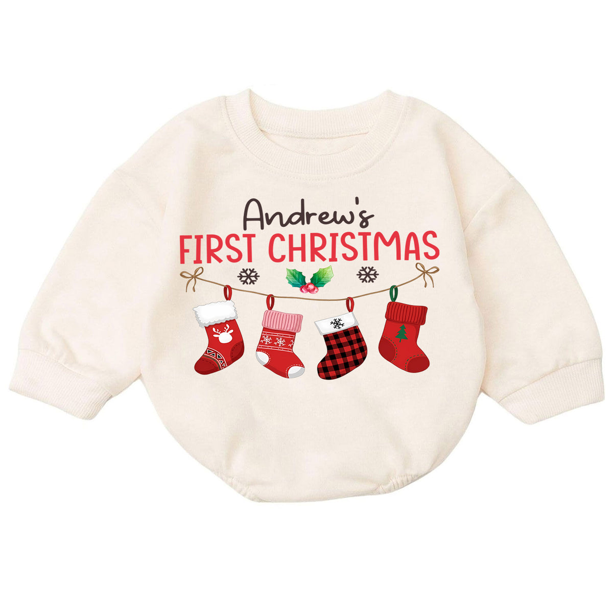 Custom Name First Christmas Baby Romper, Personalized Stocking Holiday Outfit, My 1st Christmas Keepsake Gift for Baby Boys — product view 7