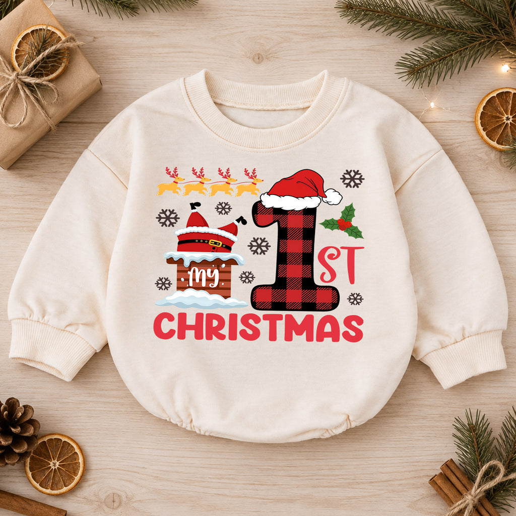 Baby 1st Christmas Romper, Buffalo Plaid Santa Holiday Outfit, Cute First Christmas Romper, Toddler Christmas Baby Gift — product view 1