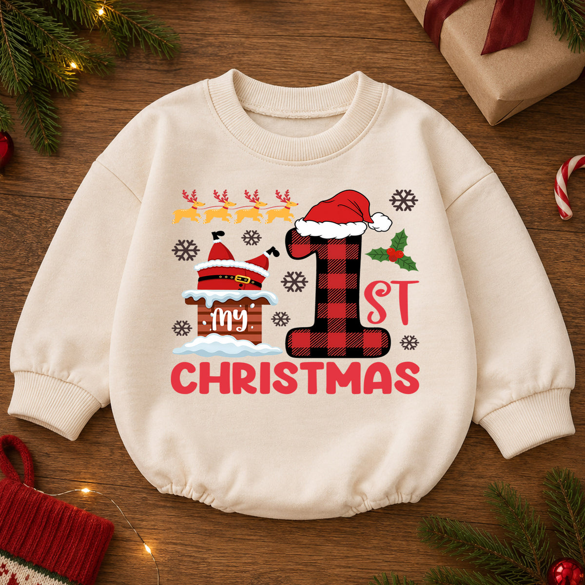 Baby 1st Christmas Romper, Buffalo Plaid Santa Holiday Outfit, Cute First Christmas Romper, Toddler Christmas Baby Gift — product view 2