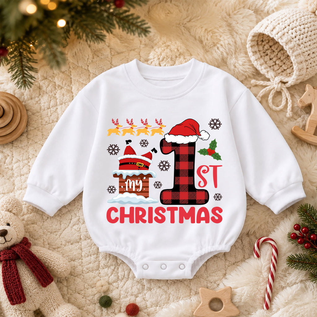 Baby 1st Christmas Romper, Buffalo Plaid Santa Holiday Outfit, Cute First Christmas Romper, Toddler Christmas Baby Gift — product view 3