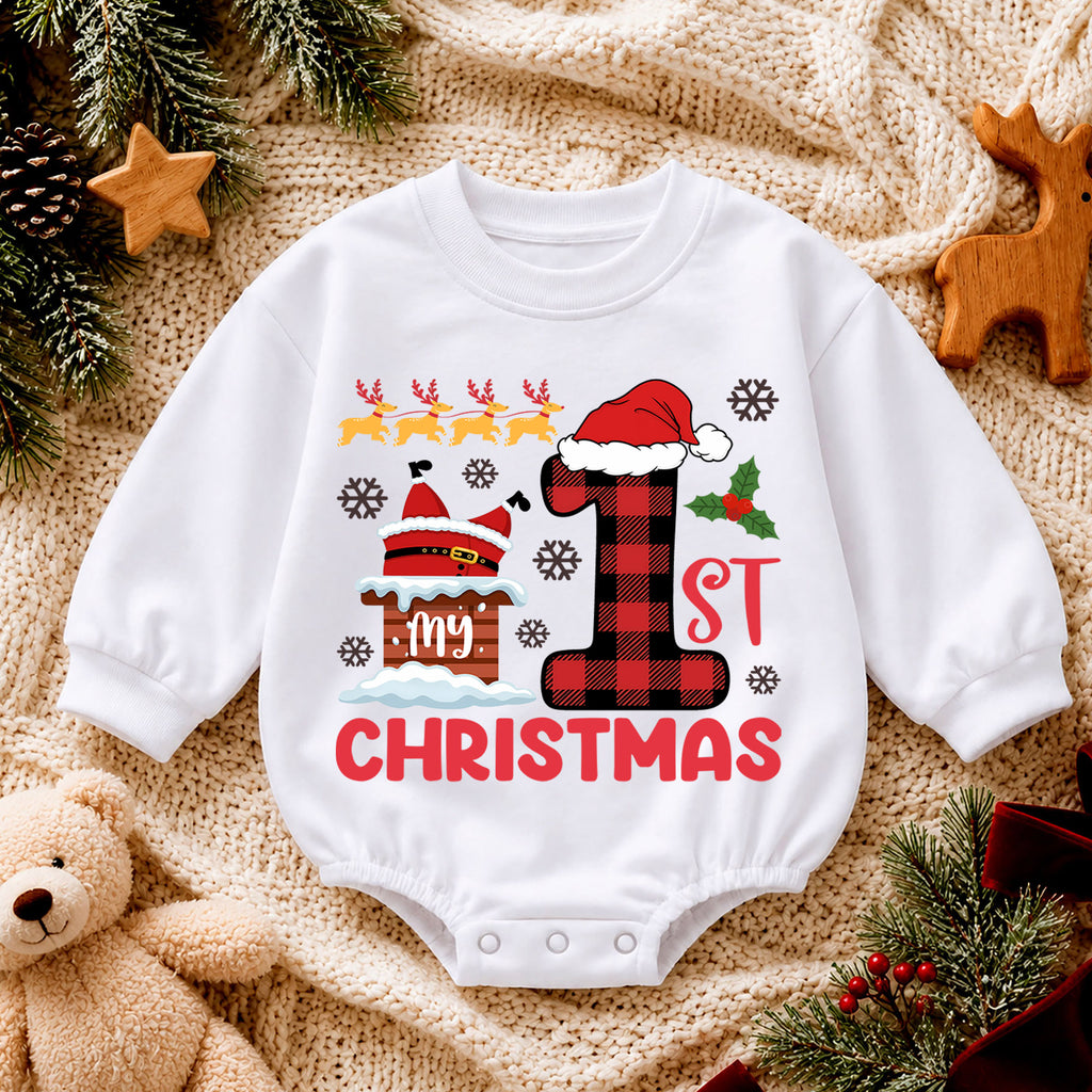 Baby 1st Christmas Romper, Buffalo Plaid Santa Holiday Outfit, Cute First Christmas Romper, Toddler Christmas Baby Gift — product view 4