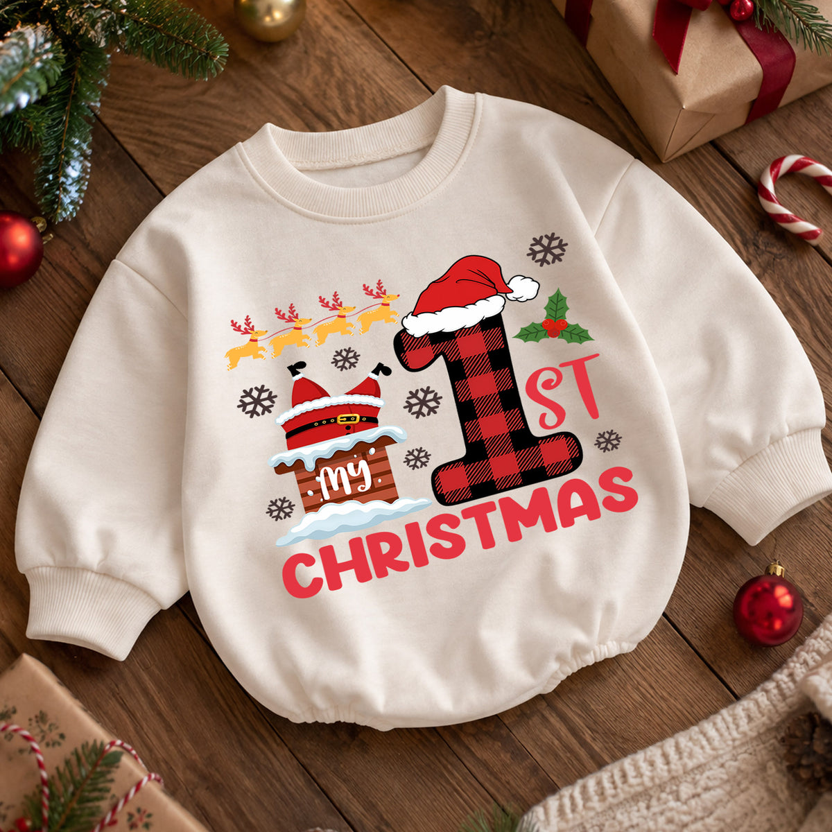 Baby 1st Christmas Romper, Buffalo Plaid Santa Holiday Outfit, Cute First Christmas Romper, Toddler Christmas Baby Gift — product view 5