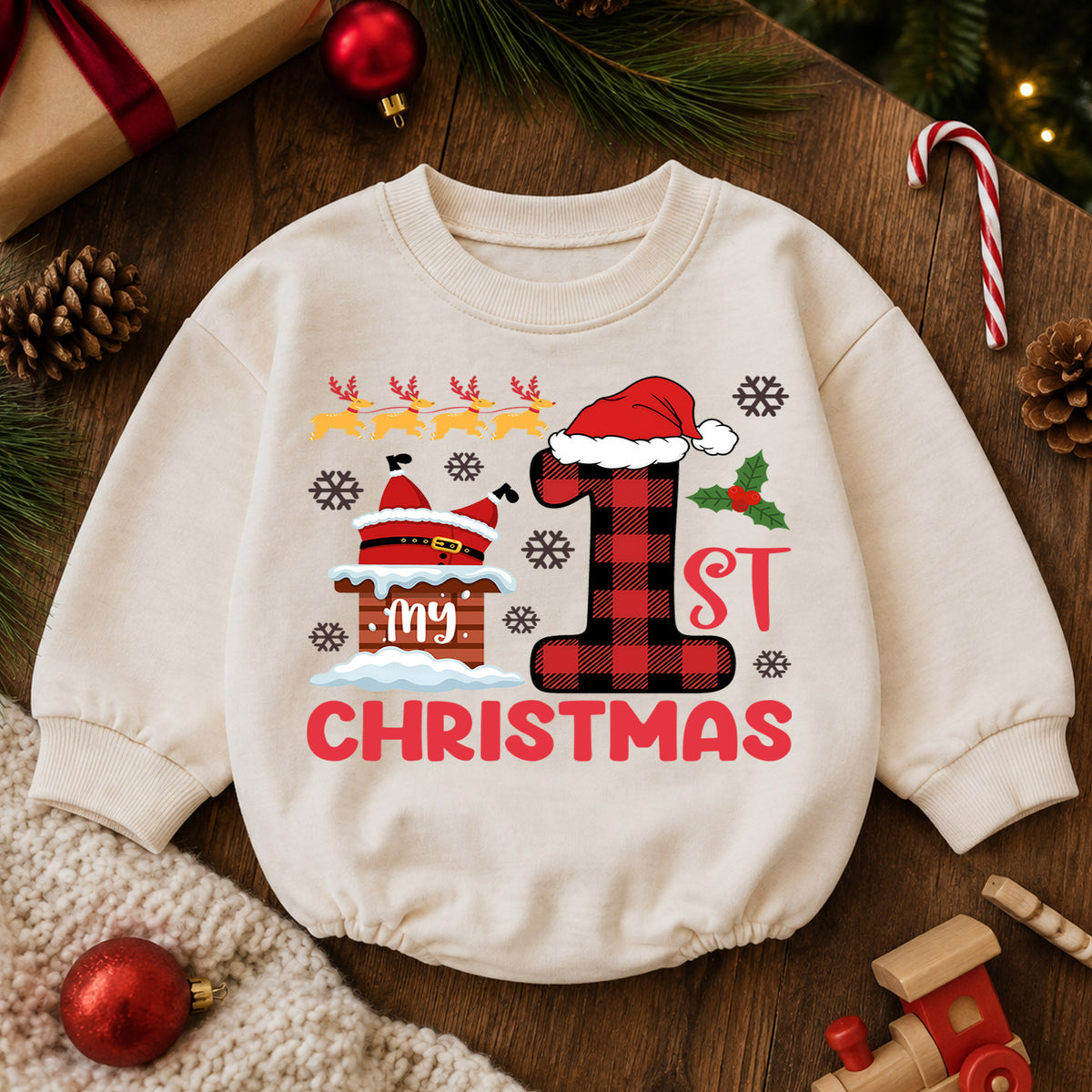 Baby 1st Christmas Romper, Buffalo Plaid Santa Holiday Outfit, Cute First Christmas Romper, Toddler Christmas Baby Gift — product view 6