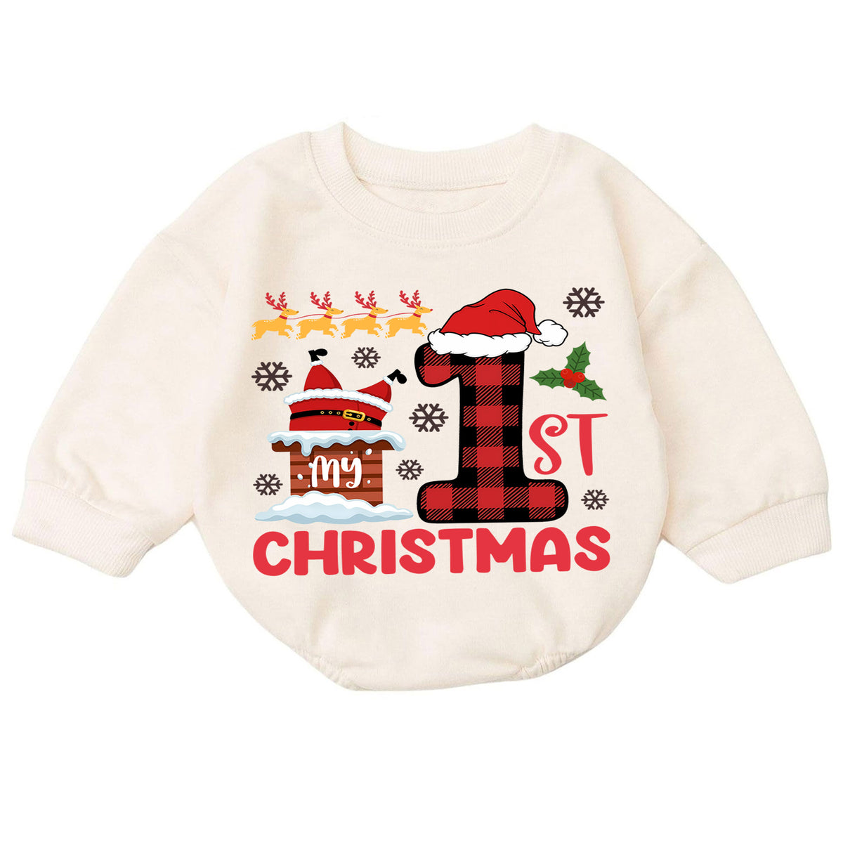 Baby 1st Christmas Romper, Buffalo Plaid Santa Holiday Outfit, Cute First Christmas Romper, Toddler Christmas Baby Gift — product view 7