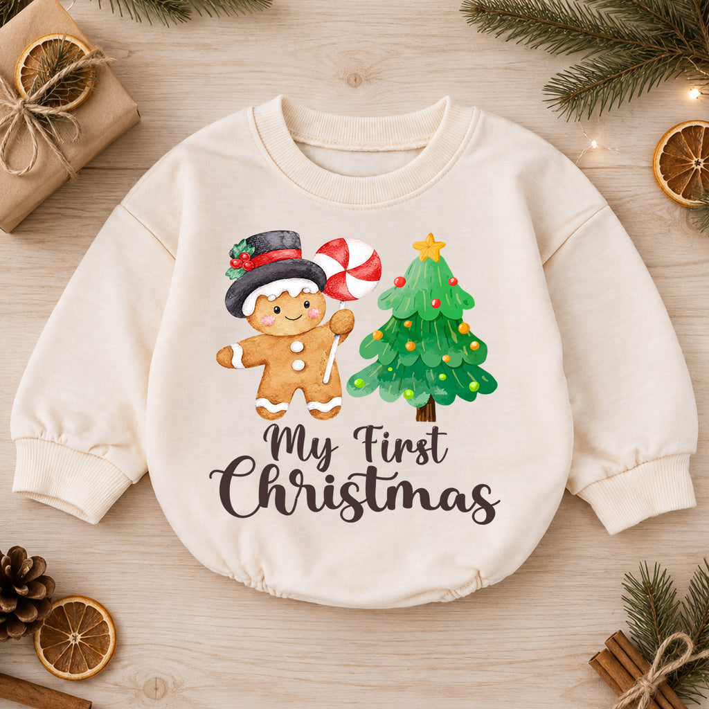 My First Christmas Baby Romper, Gingerbread Man Christmas Tree Holiday Outfit, Cute Toddler Xmas Romper, First Christmas Gift — product view 1
