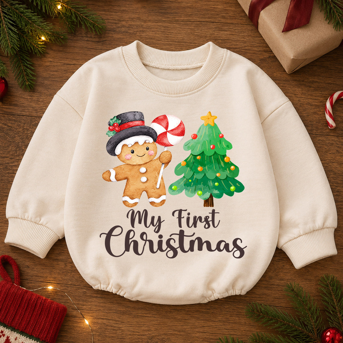 My First Christmas Baby Romper, Gingerbread Man Christmas Tree Holiday Outfit, Cute Toddler Xmas Romper, First Christmas Gift — product view 2