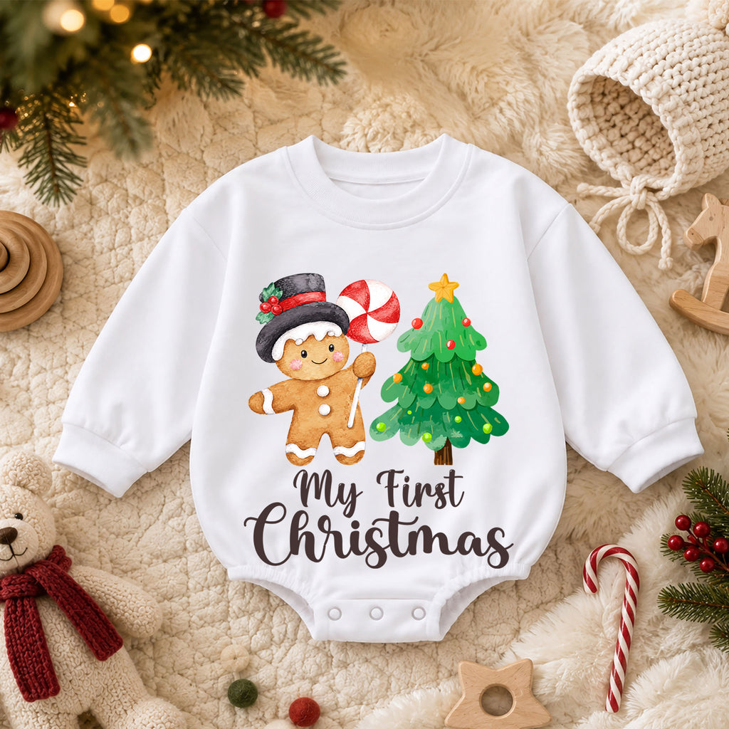 My First Christmas Baby Romper, Gingerbread Man Christmas Tree Holiday Outfit, Cute Toddler Xmas Romper, First Christmas Gift — product view 3