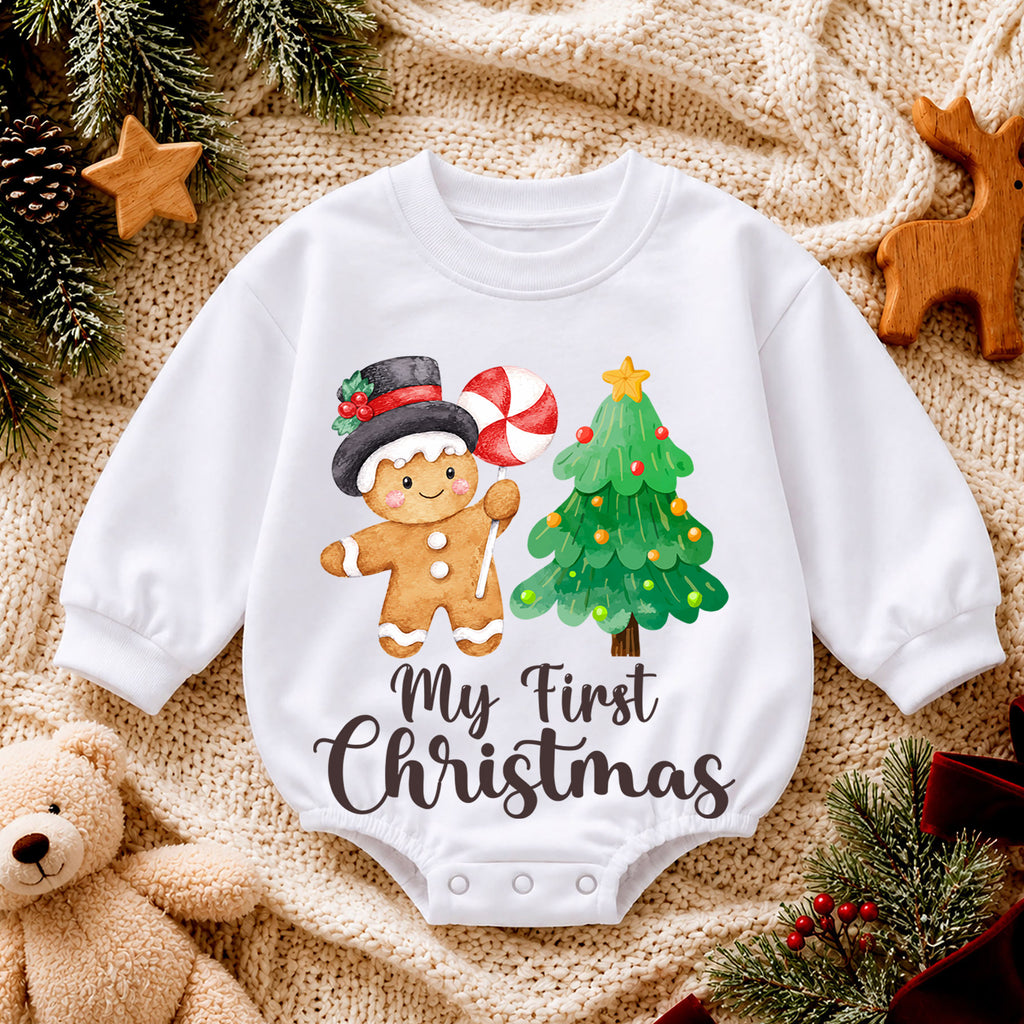 My First Christmas Baby Romper, Gingerbread Man Christmas Tree Holiday Outfit, Cute Toddler Xmas Romper, First Christmas Gift — product view 4